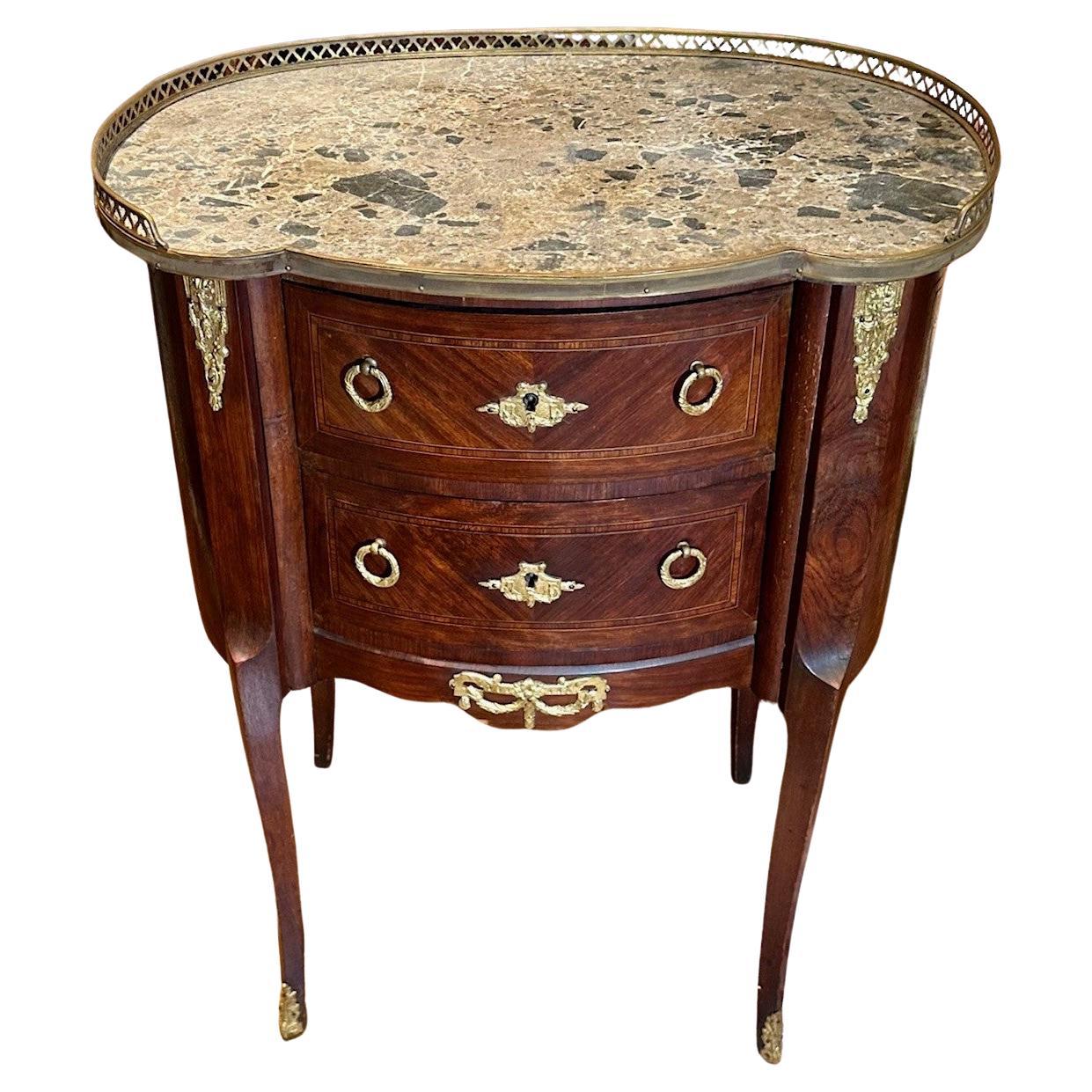 Commode à 2 tiroirs en marqueterie de bois de fruitier de la fin du XIXe siècle de style Louis XVI