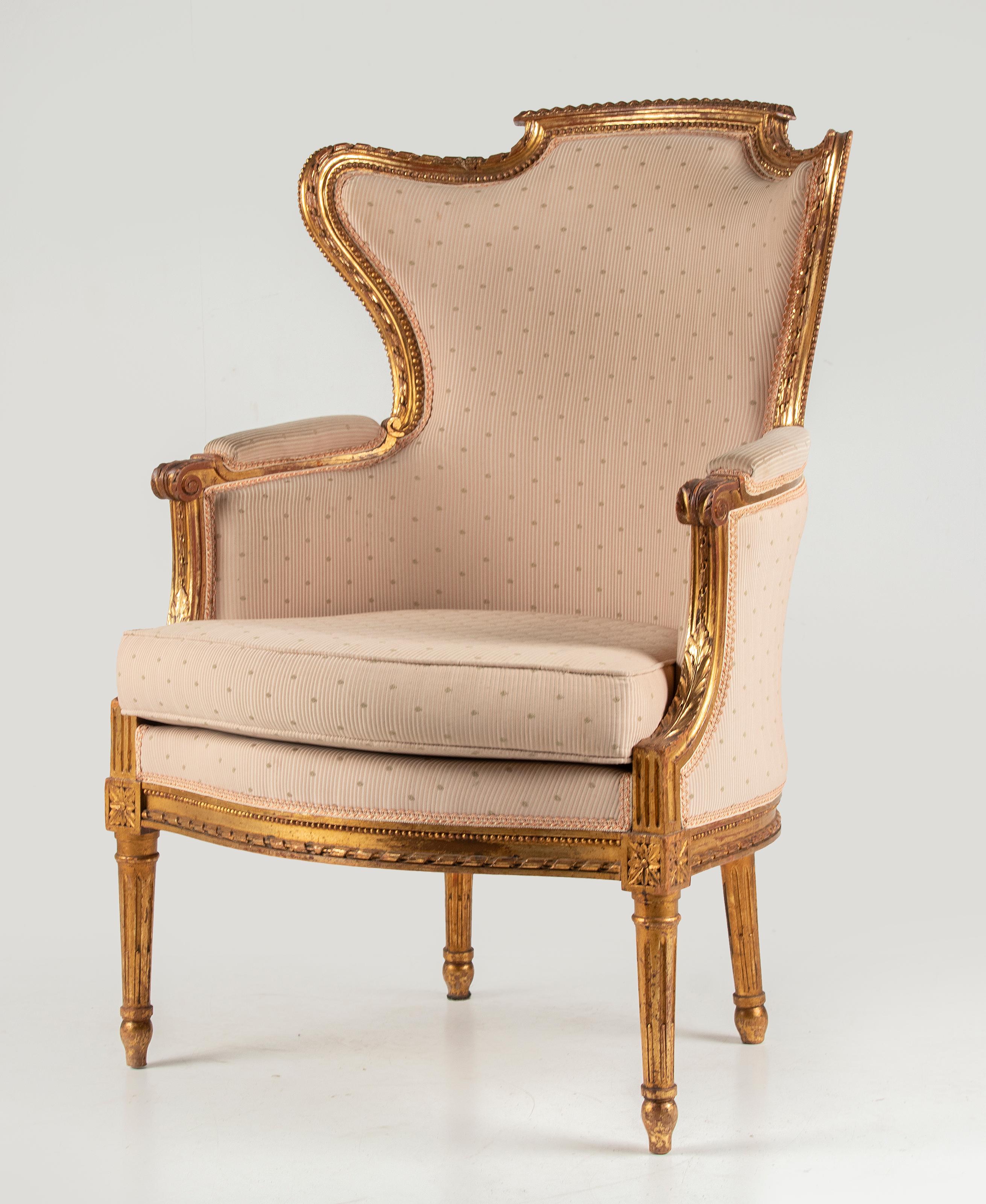 French Late 19th Century Louis XVI Style Gilt-Wood Bergère Armchair For Sale