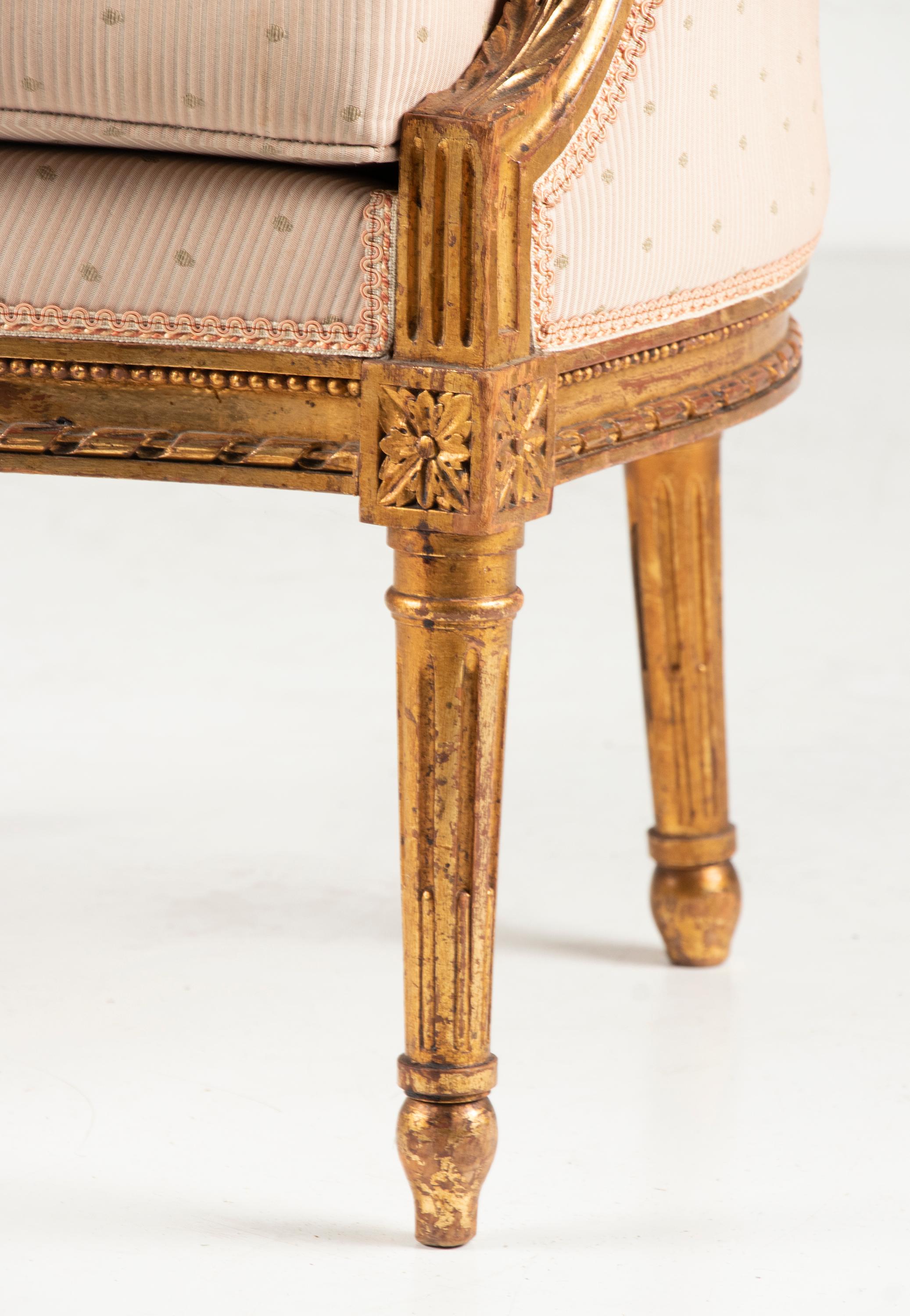 Hand-Crafted Late 19th Century Louis XVI Style Gilt-Wood Bergère Armchair For Sale