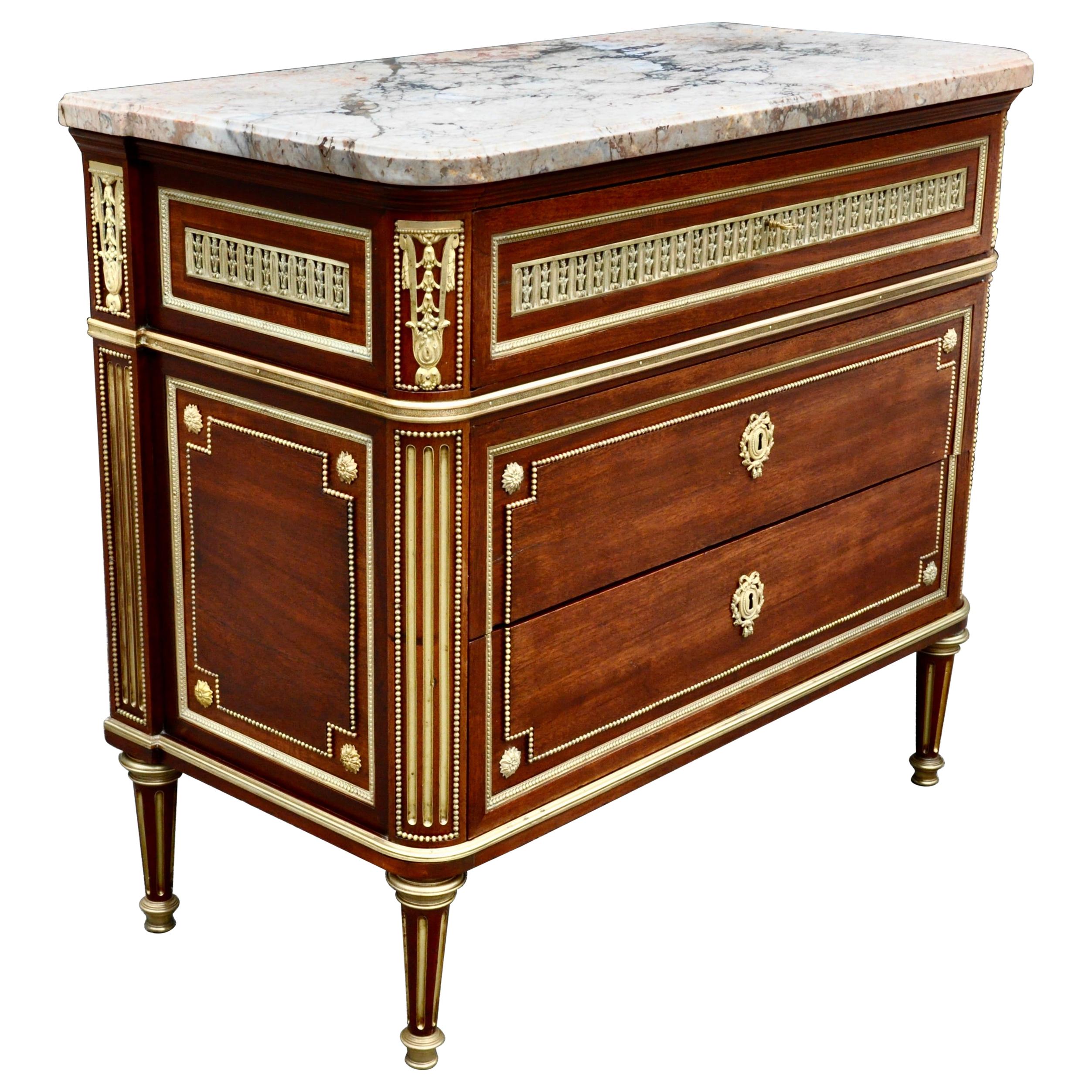Late 19th Century Louis XVI Marble-Top Mahogany Commode in Style of Paul Sormani