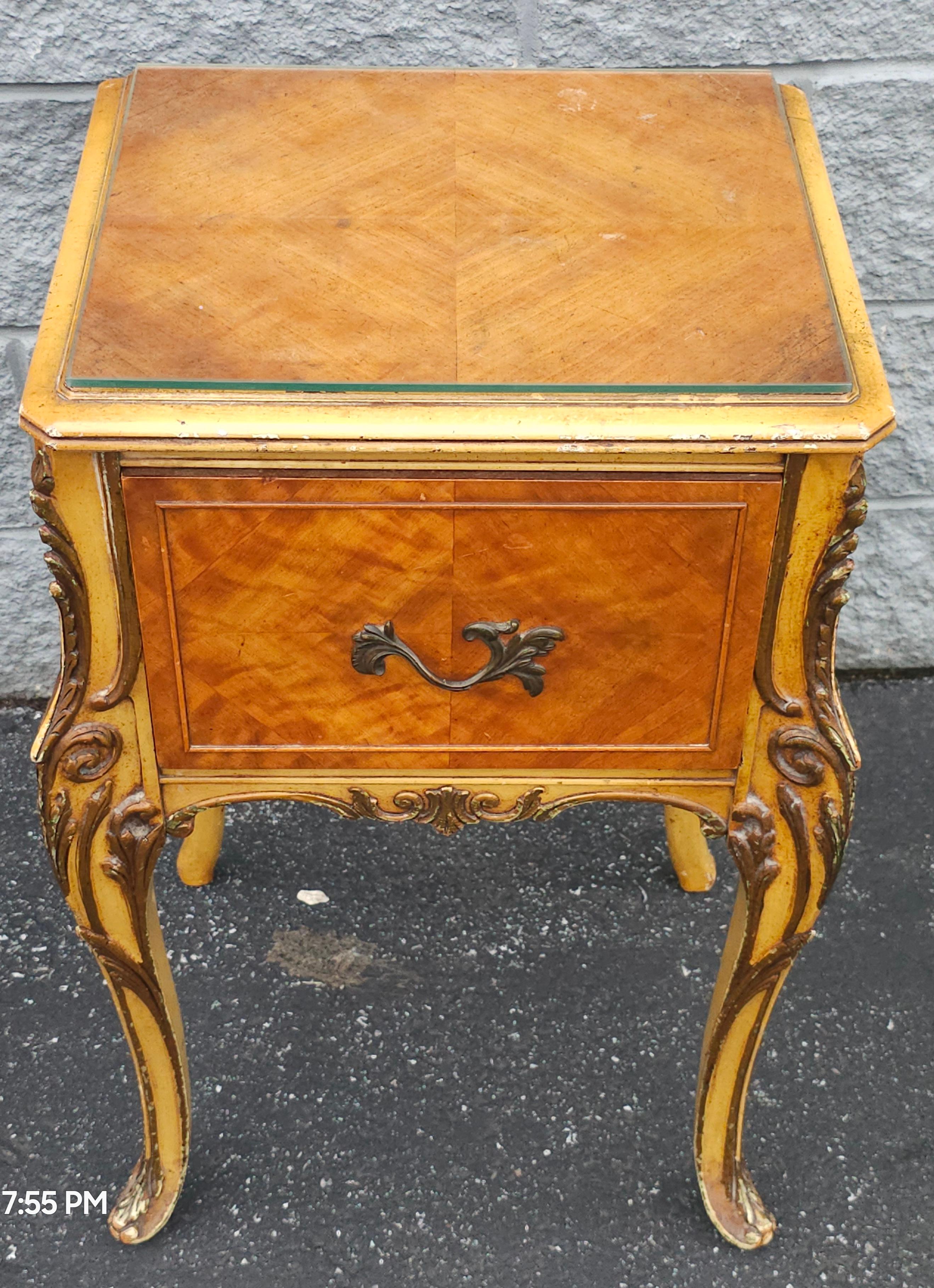 A Late 19th Century Louis XVI Style Provincial Walnut Bedside Cabinet with protective Glass Top. Measures 18