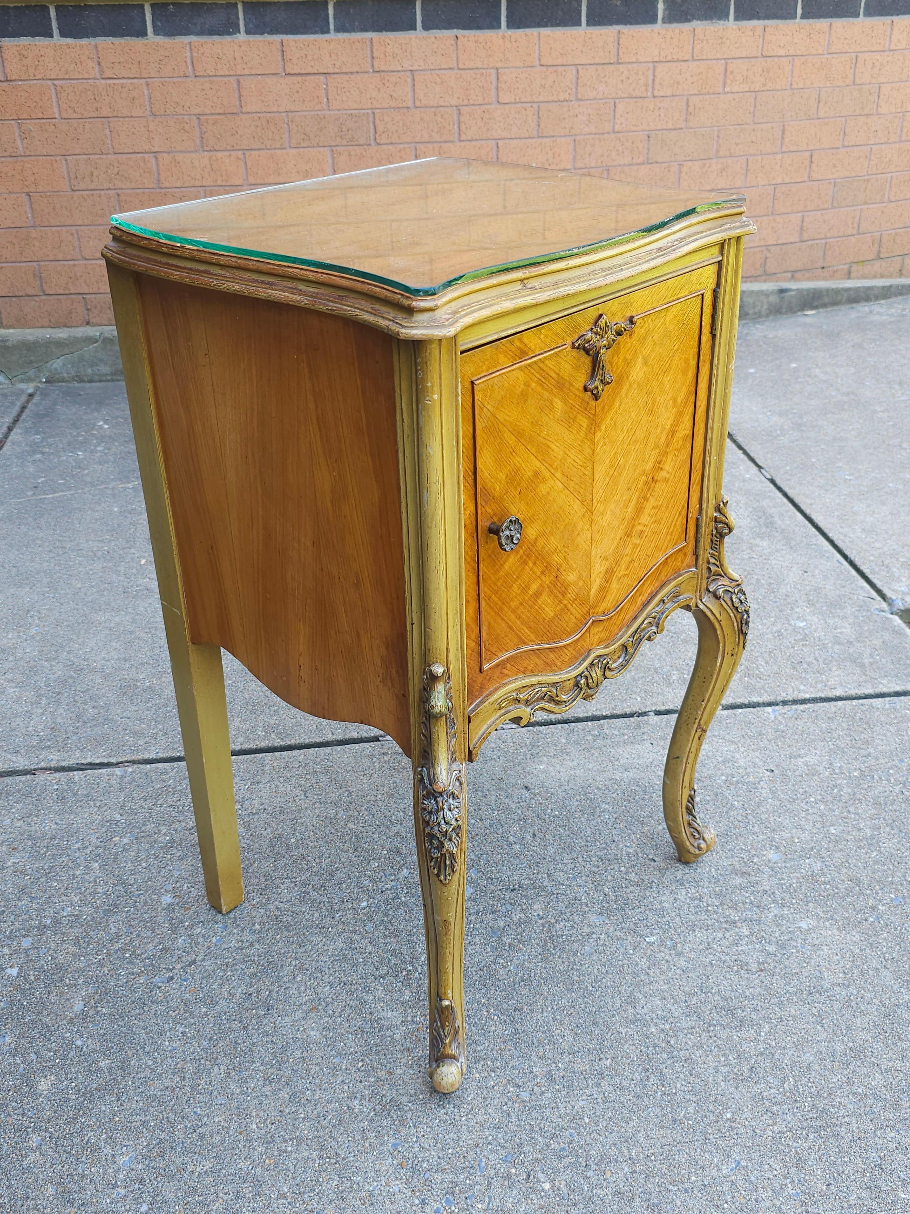 Carved Late 19th Century Louis XVI Style Provincial Walnut Bedside Cabinet w Glass Top For Sale