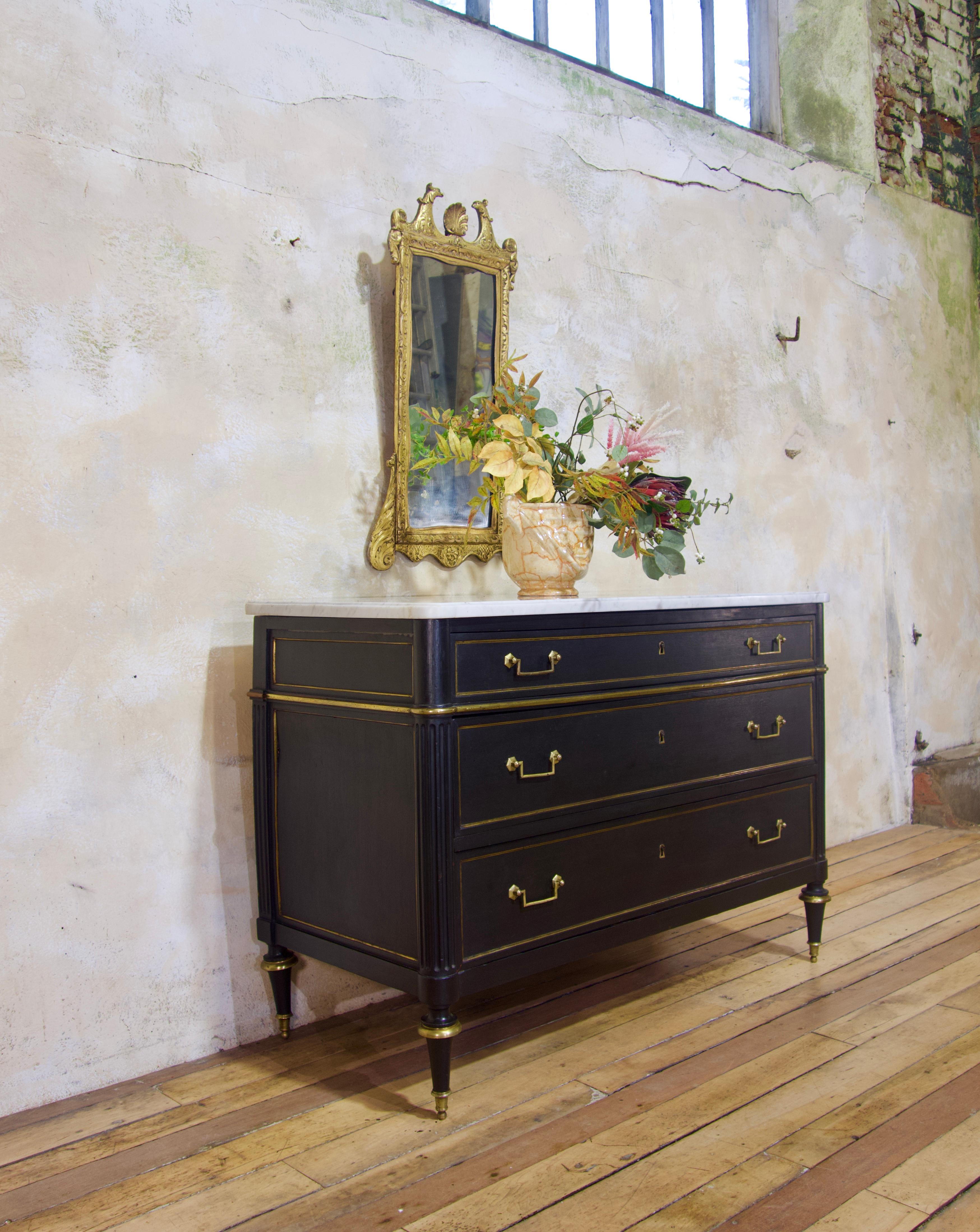 French Late 19th Century Louis XVI Style Three-Drawer Commode, Chest of Drawers Marble