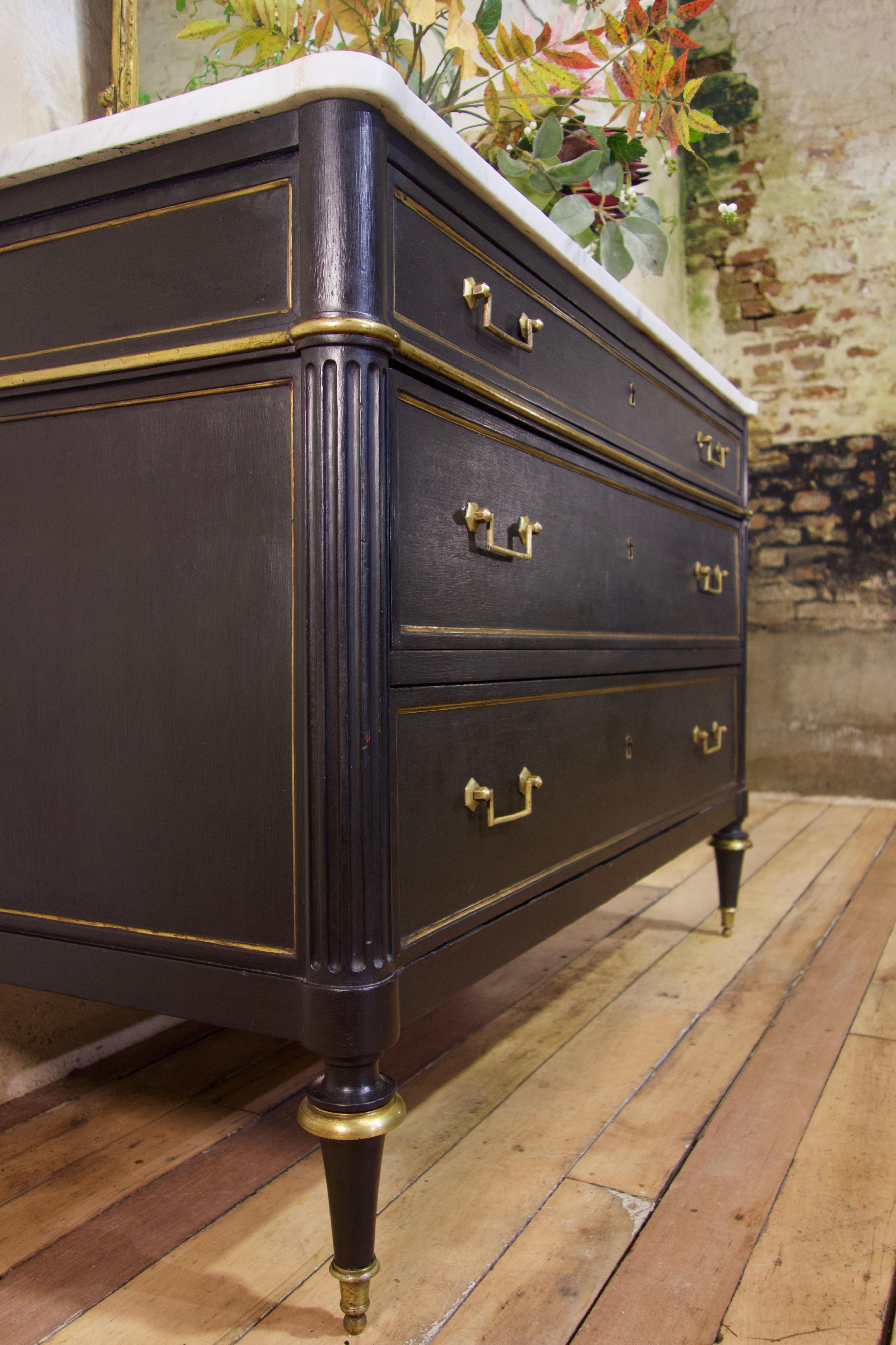 Painted Late 19th Century Louis XVI Style Three-Drawer Commode, Chest of Drawers Marble