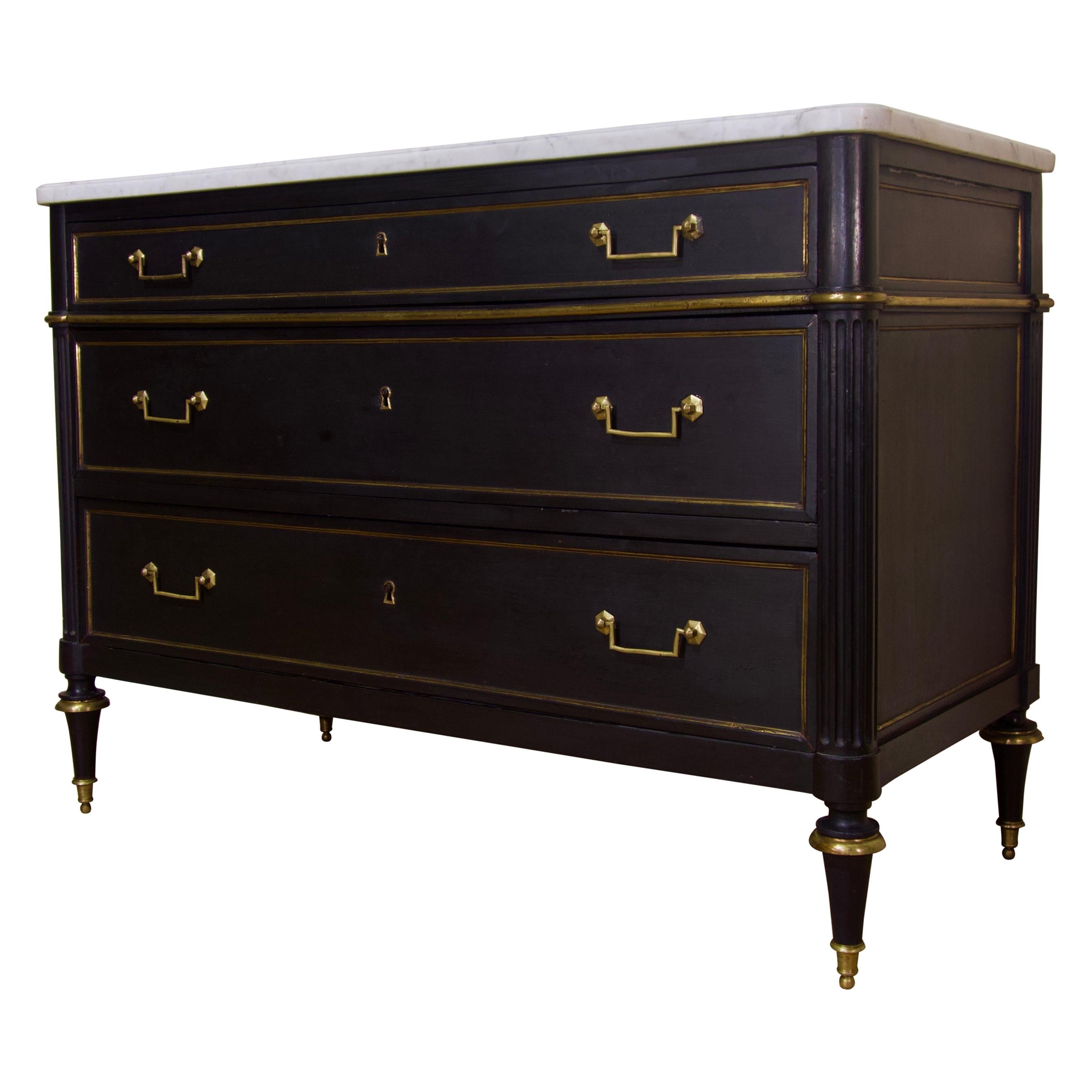Late 19th Century Louis XVI Style Three-Drawer Commode, Chest of Drawers Marble