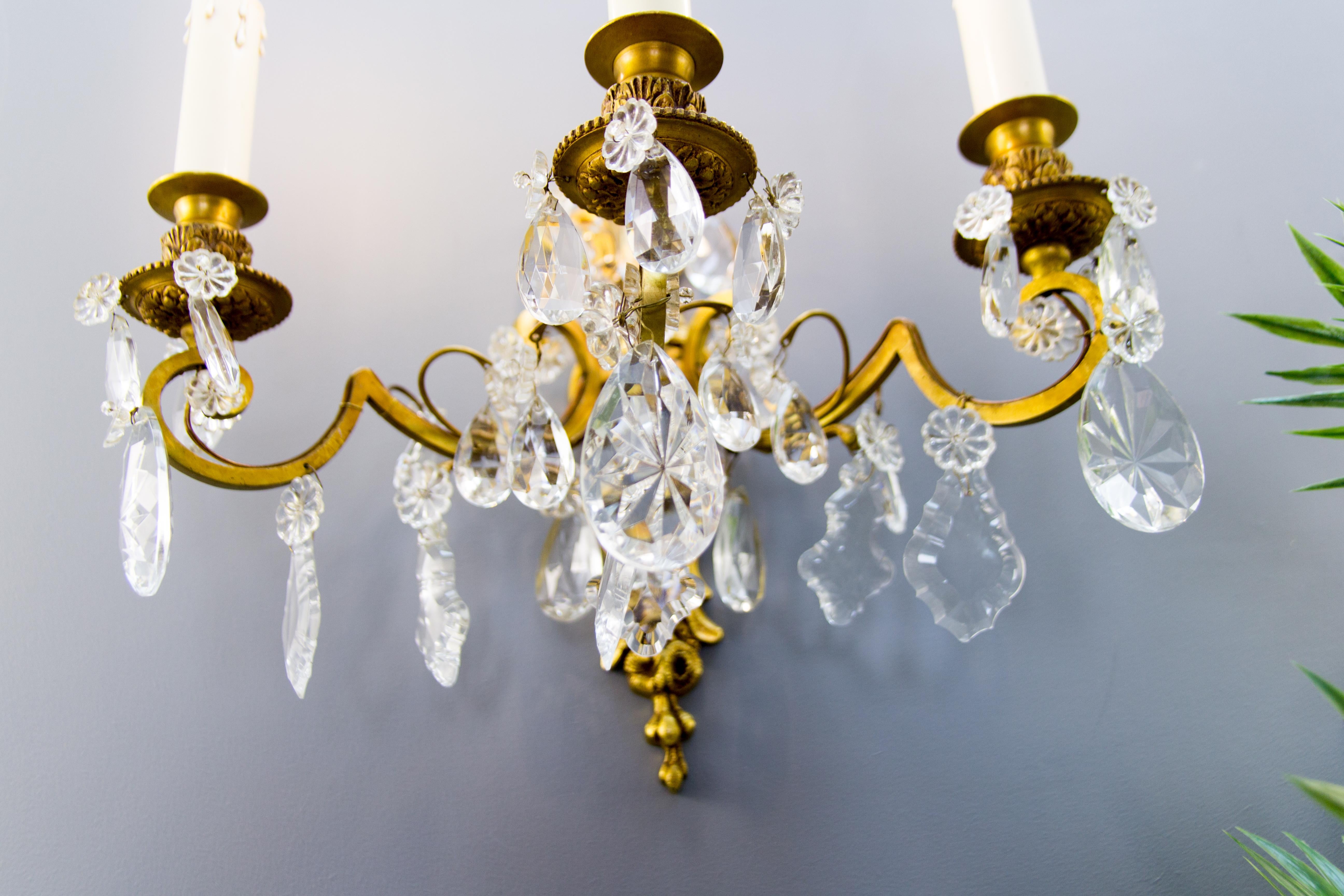 Late 19th Century Louis XVI Style Bronze and Crystal Three-Light Wall Sconce 6