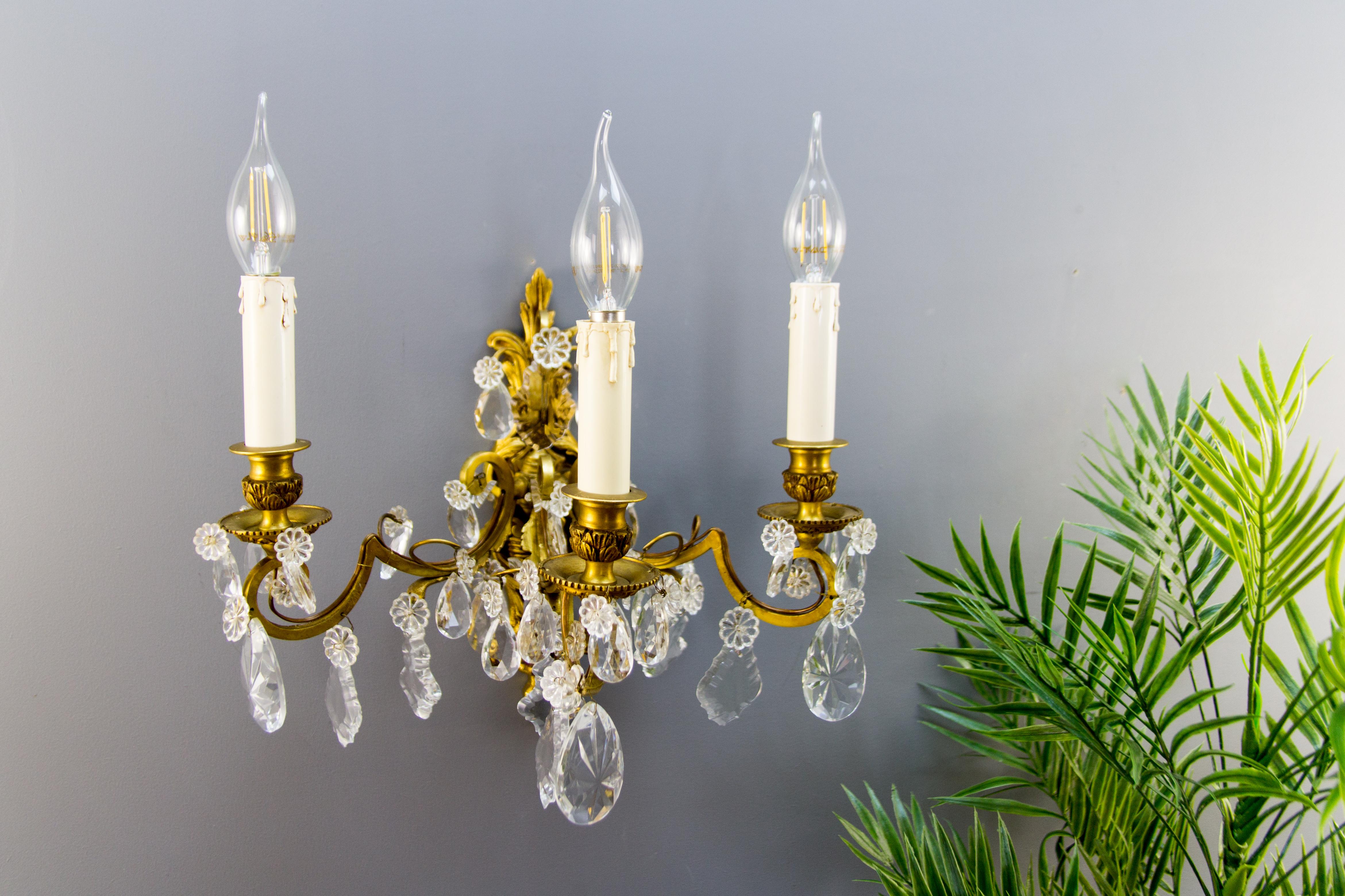 Late 19th Century Louis XVI Style Bronze and Crystal Three-Light Wall Sconce 14