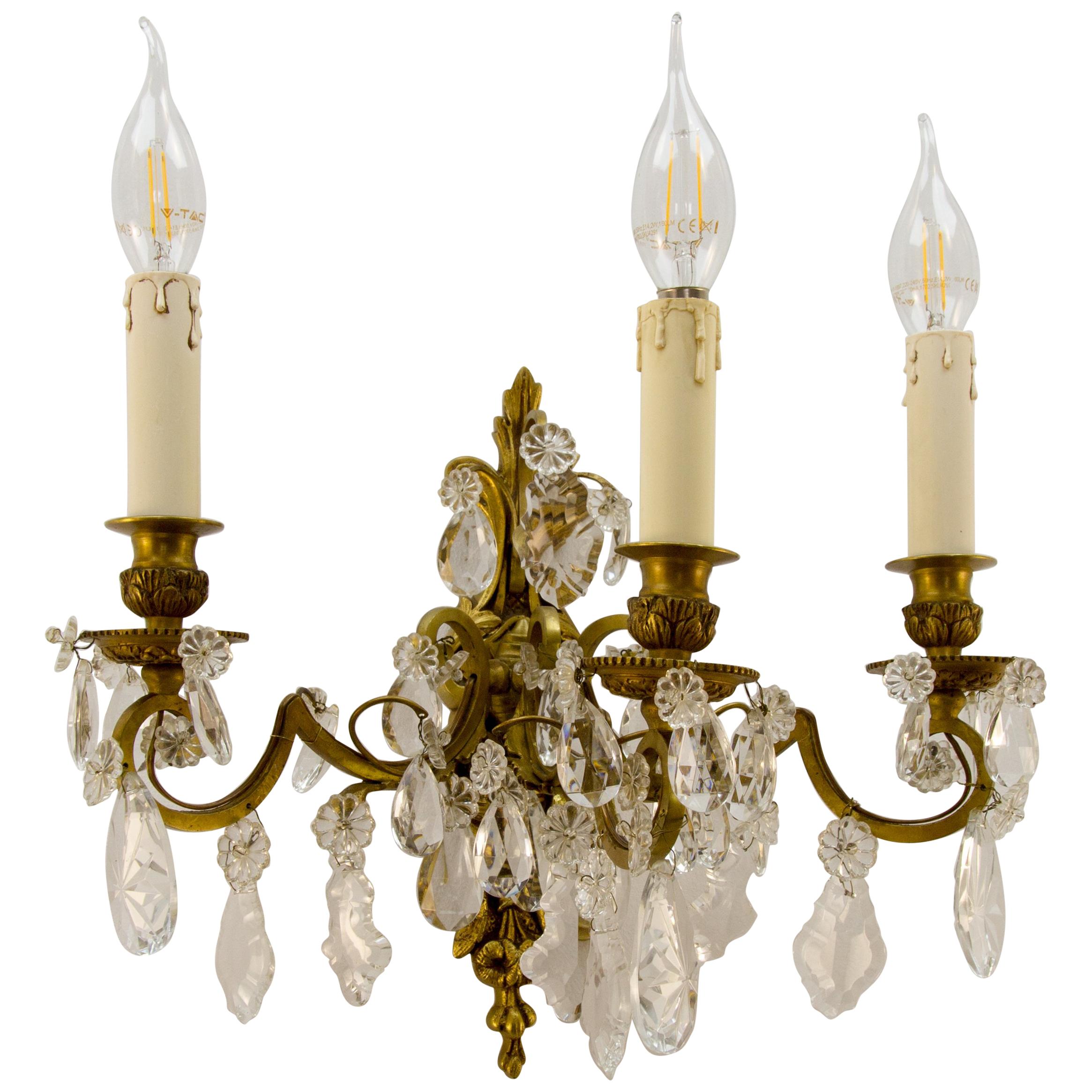 Late 19th Century Louis XVI Style Bronze and Crystal Three-Light Wall Sconce