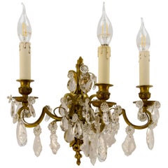 Late 19th Century Louis XVI Style Bronze and Crystal Three-Light Wall Sconce