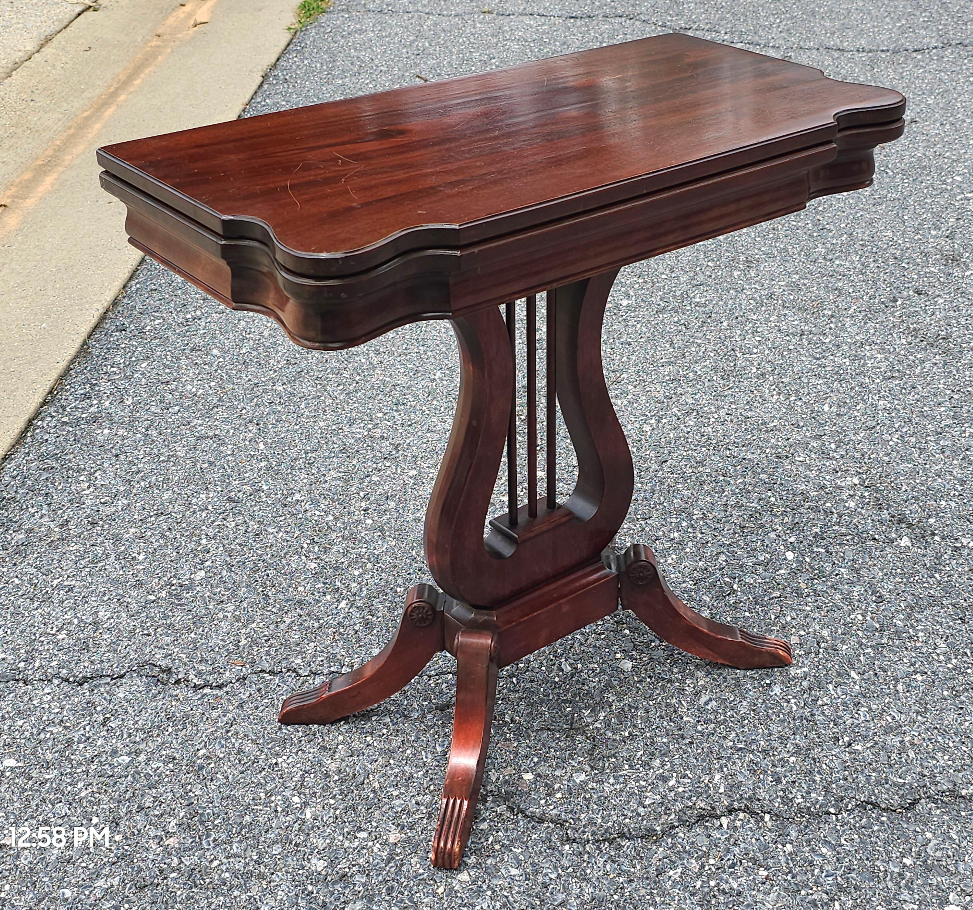 Victorian Late 19th Century Lyre Base Mahogany Fold Top Game Table Card Table For Sale