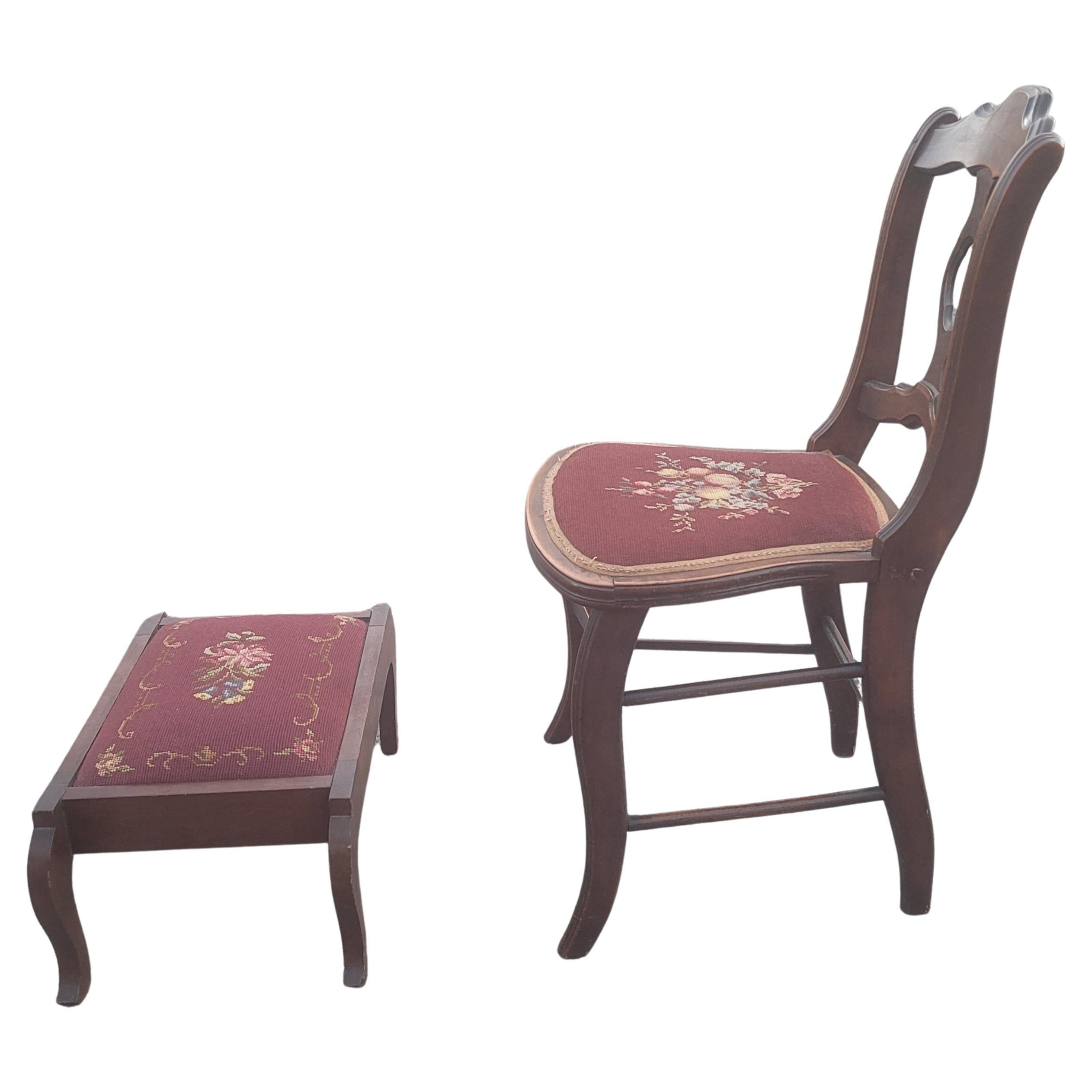 Victorian Late 19th Century Mahogany and Needlepoint Upholstered Chair with Footstool For Sale