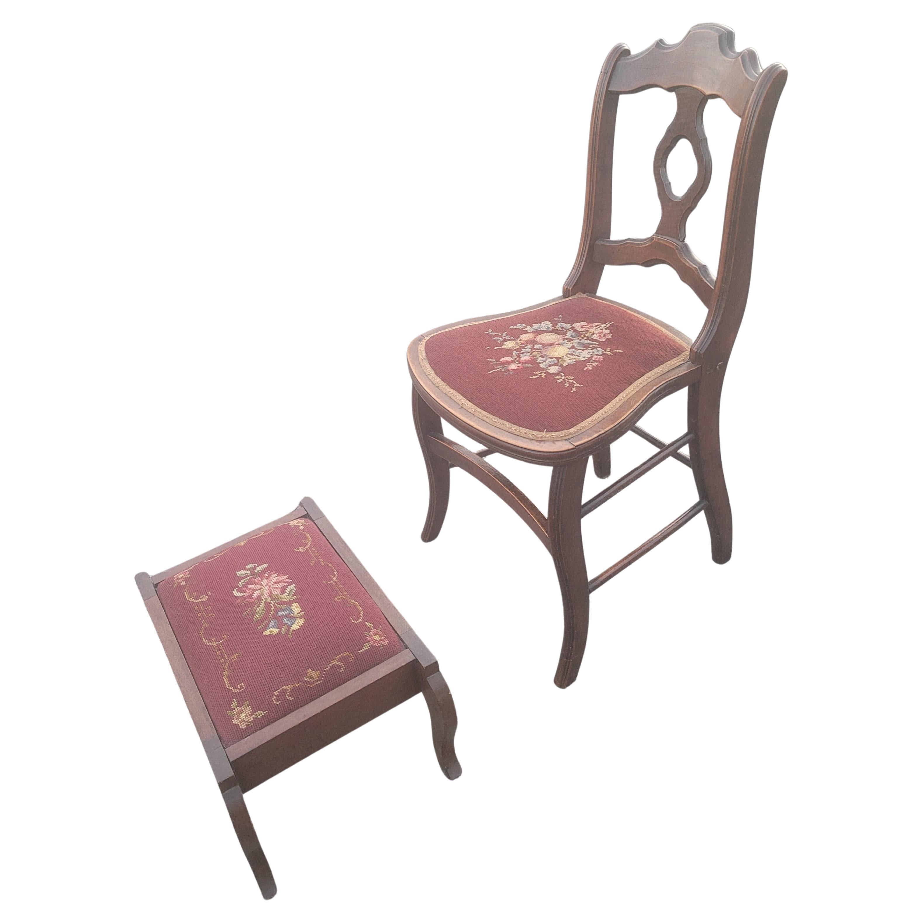 Late 19th Century Mahogany and Needlepoint Upholstered Chair with Footstool For Sale 3