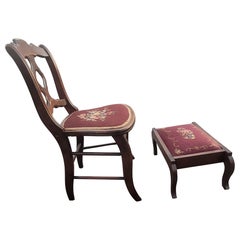 Late 19th Century Mahogany and Needlepoint Upholstered Chair with Footstool