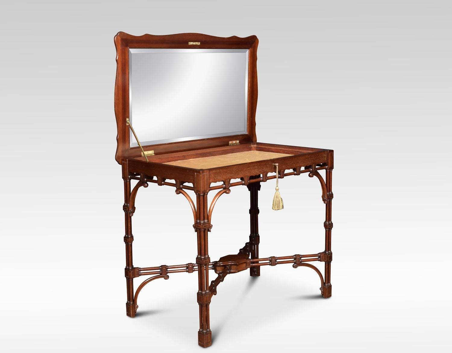 Late 19th century mahogany bijouterie table, the rectangular bevelled glass hinged lid opening reveal a shallow upholstered display area. Supported on clustered columns united by cross stretcher.
Dimensions:
Height 30 inches
Width 37