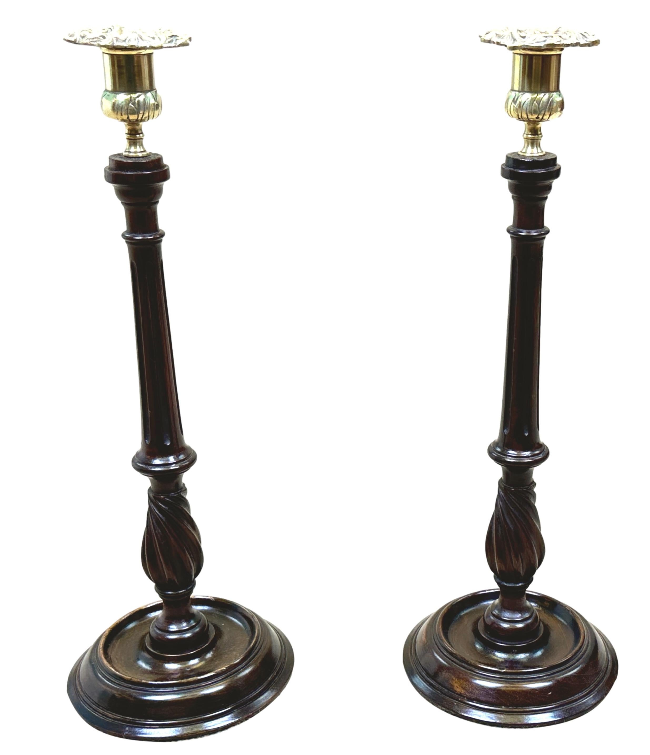 English Late 19th Century Mahogany & Brass Candlesticks For Sale