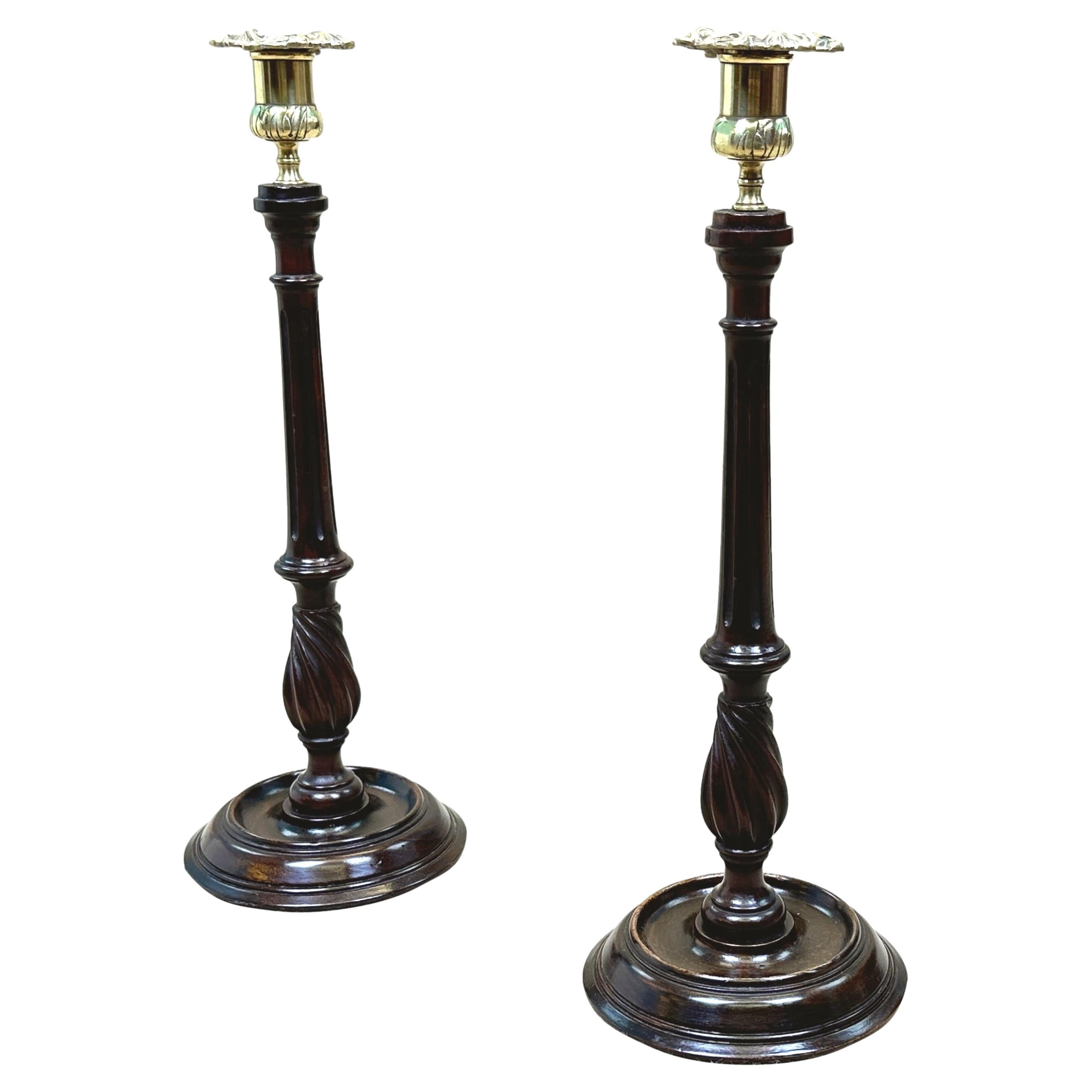 Late 19th Century Mahogany & Brass Candlesticks For Sale