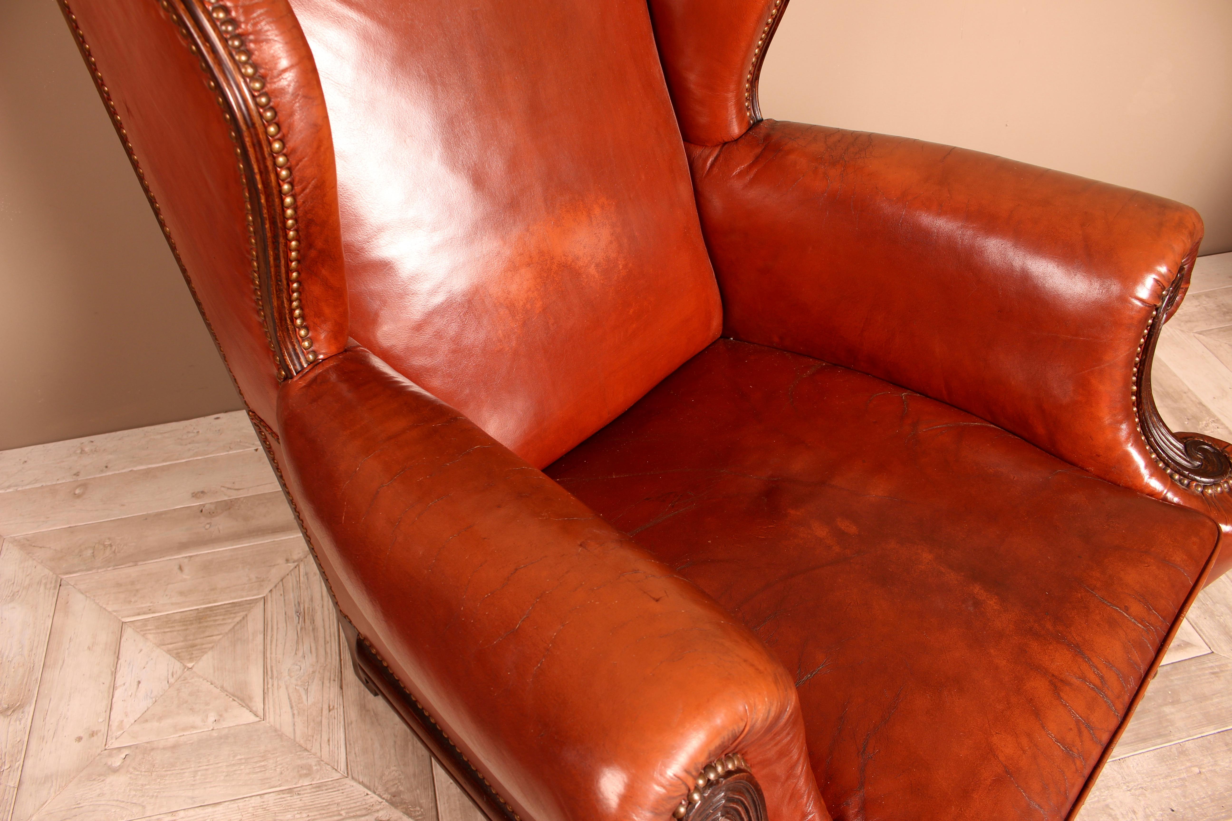 Late 19th Century Mahogany Brown Leather Wingback Armchair, English circa 1890 7