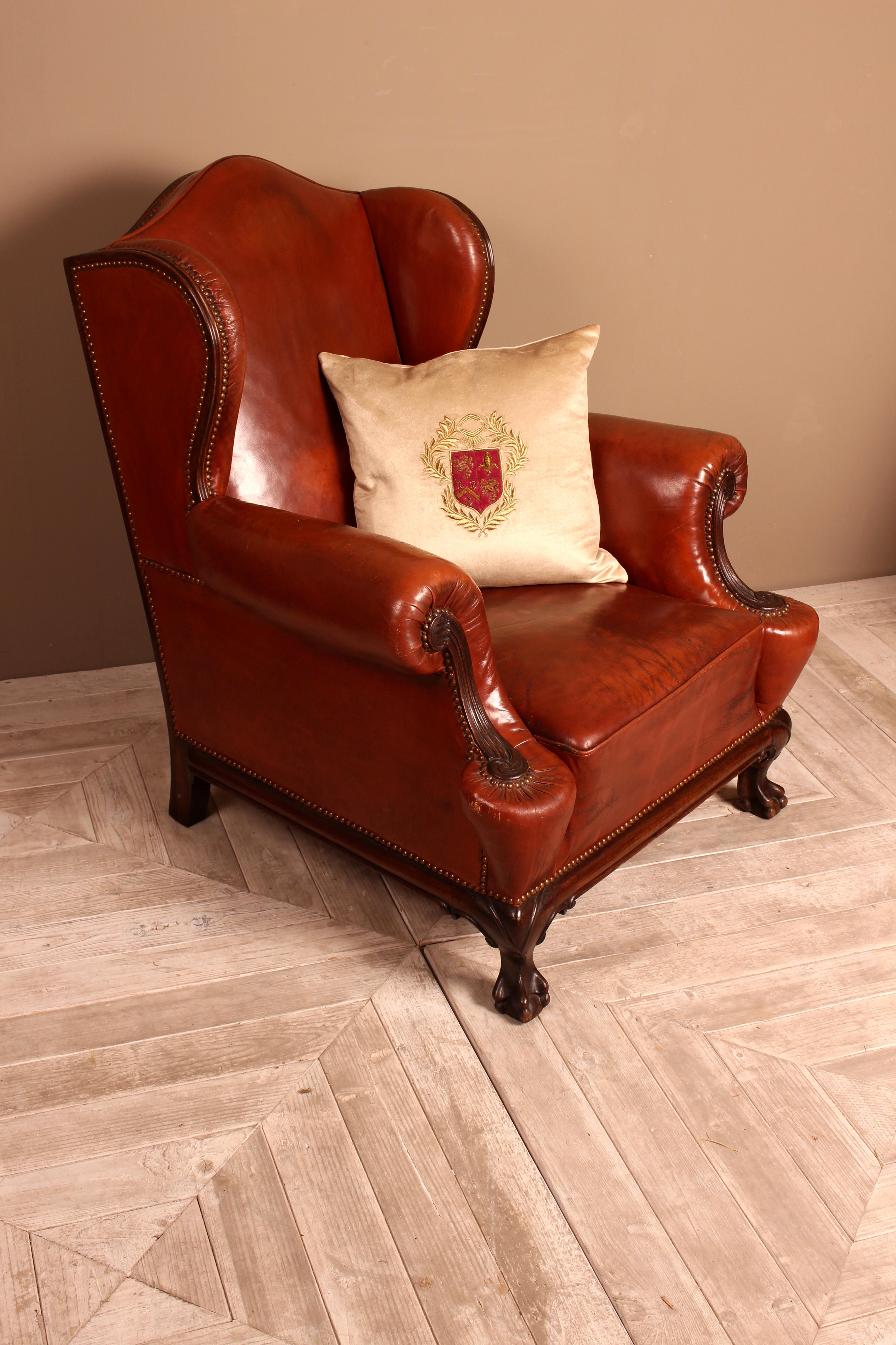 Late 19th Century Mahogany Brown Leather Wingback Armchair, English circa 1890 8