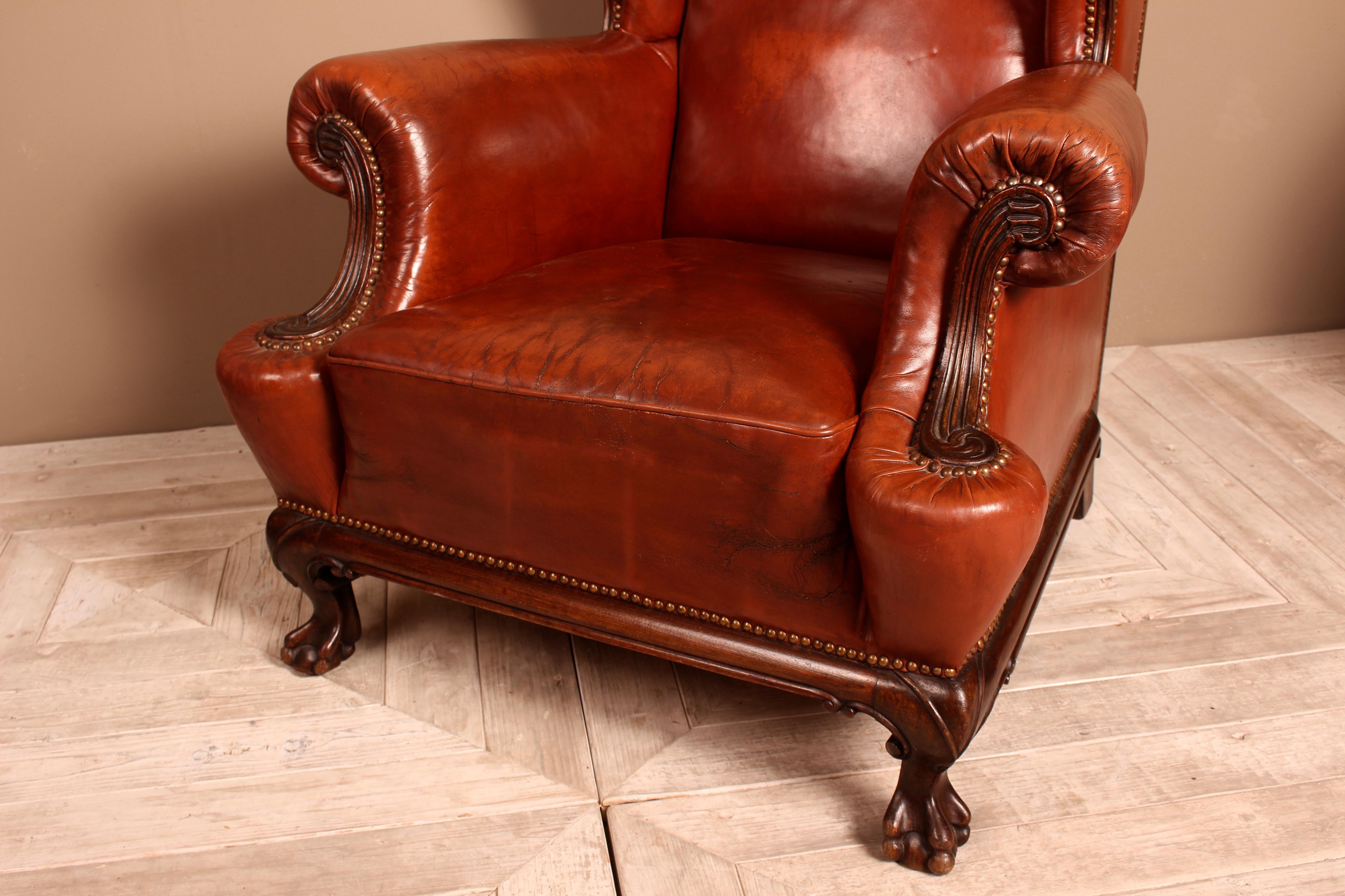 Late 19th Century Mahogany Brown Leather Wingback Armchair, English circa 1890 1