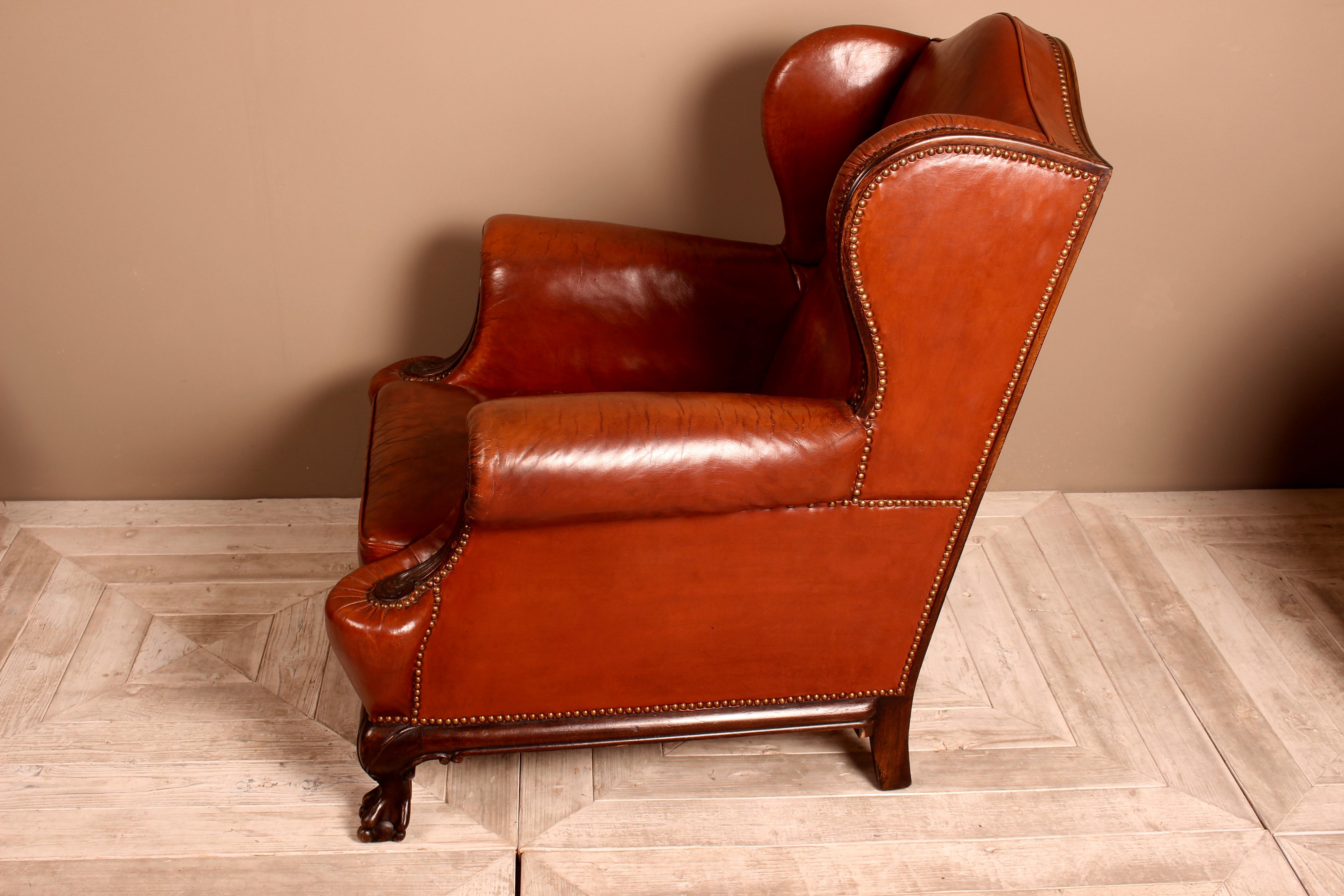 Late 19th Century Mahogany Brown Leather Wingback Armchair, English circa 1890 2