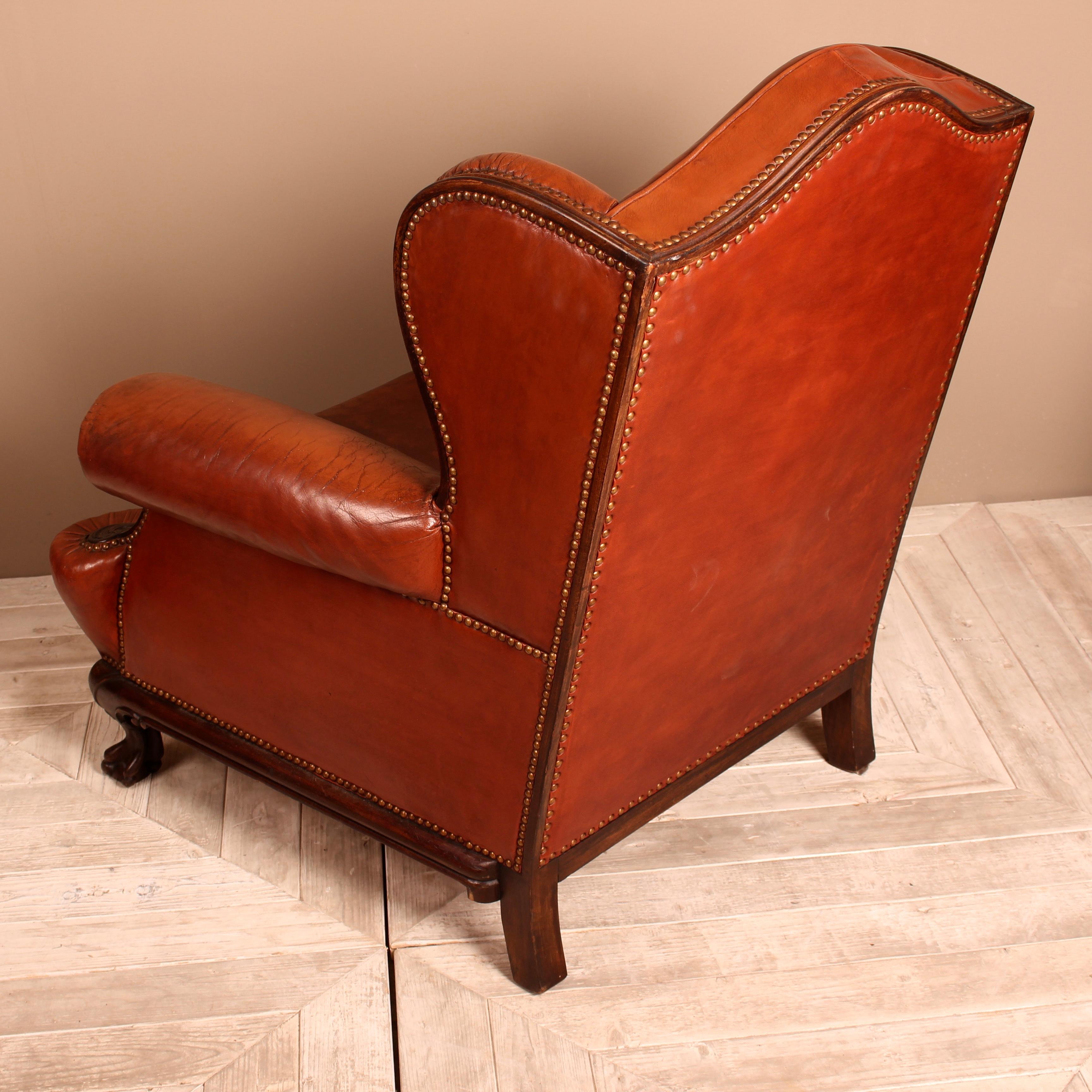 Late 19th Century Mahogany Brown Leather Wingback Armchair, English circa 1890 4