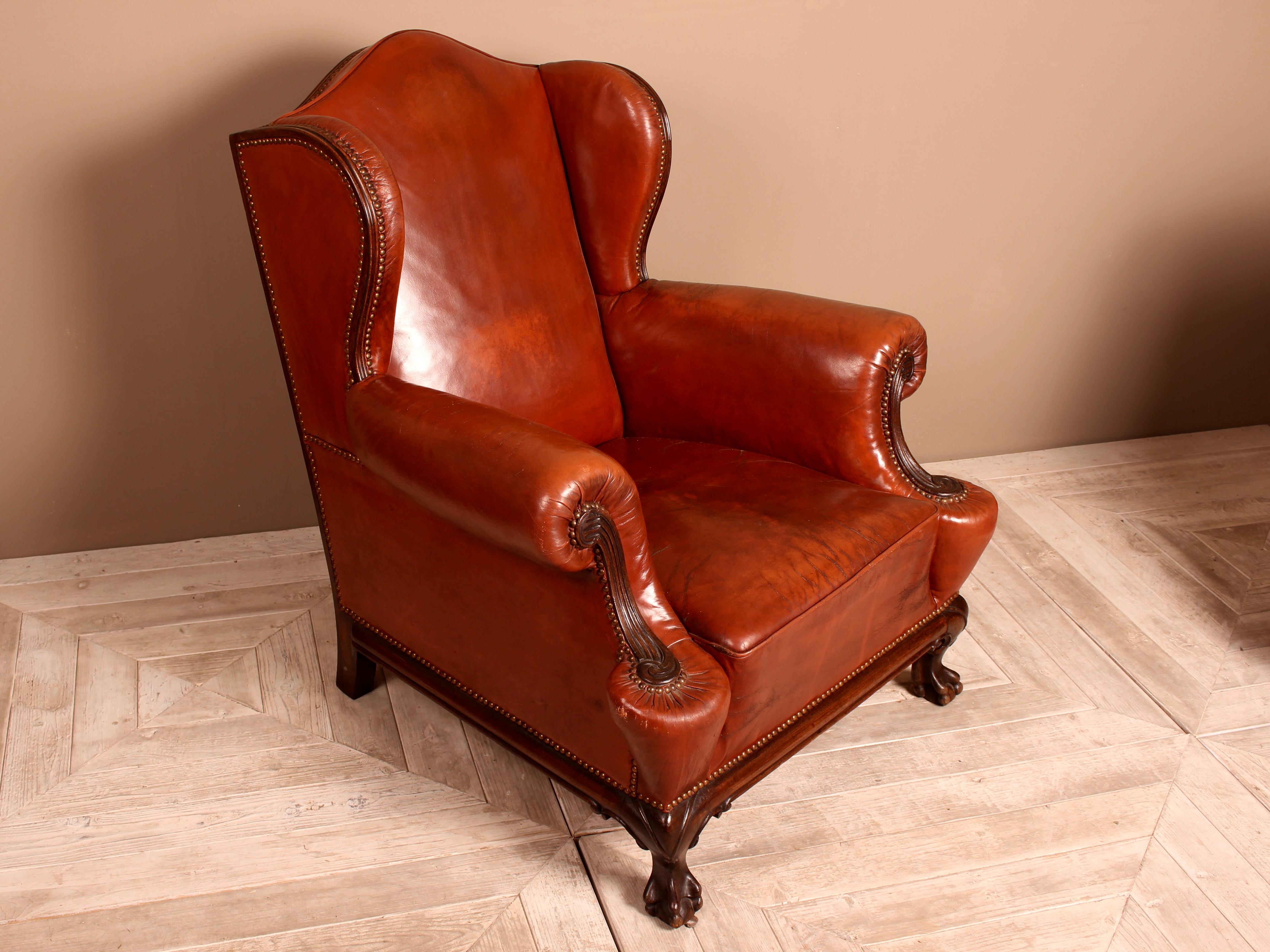 Late 19th Century Mahogany Brown Leather Wingback Armchair, English circa 1890 5