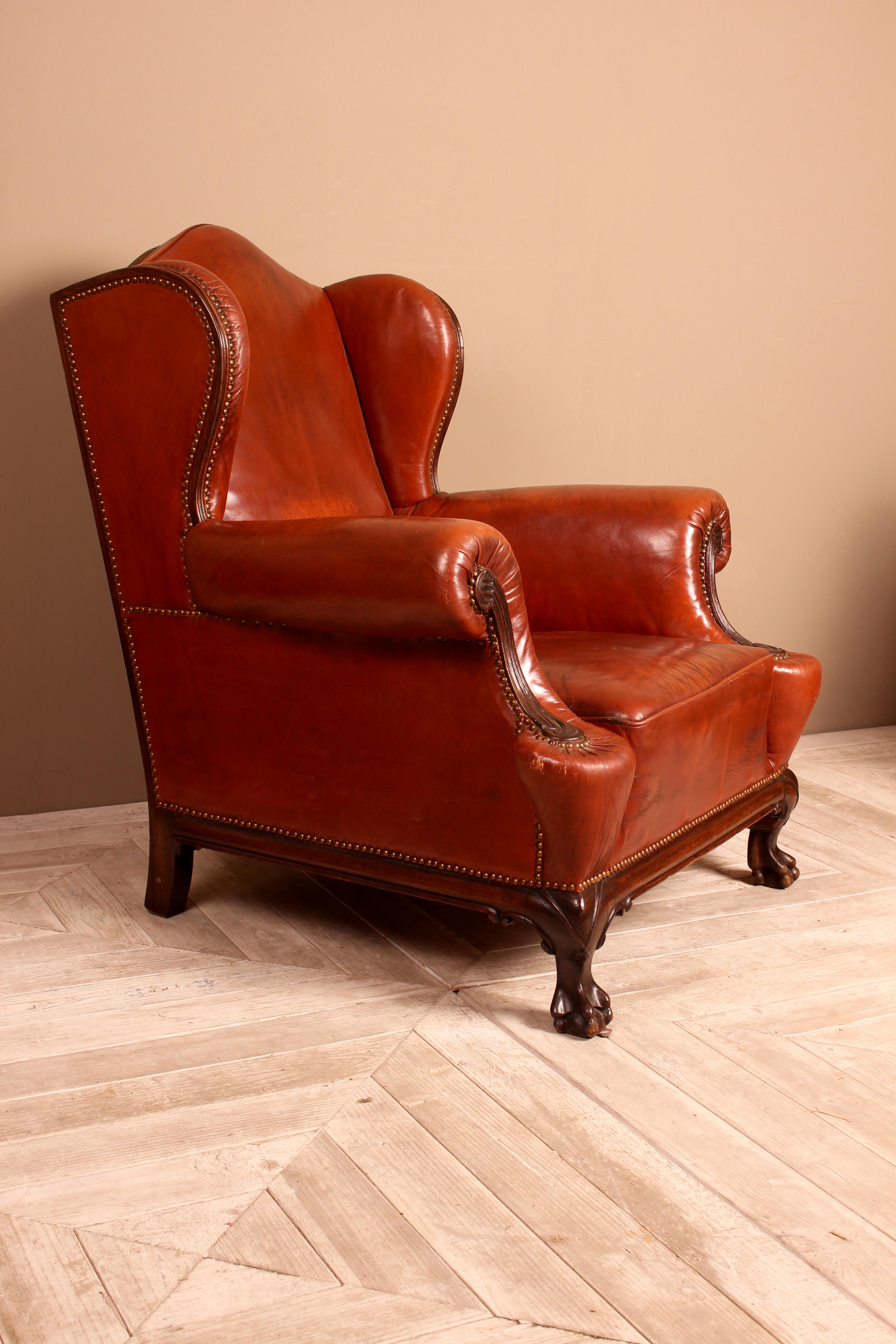 Late 19th Century Mahogany Brown Leather Wingback Armchair, English circa 1890 6