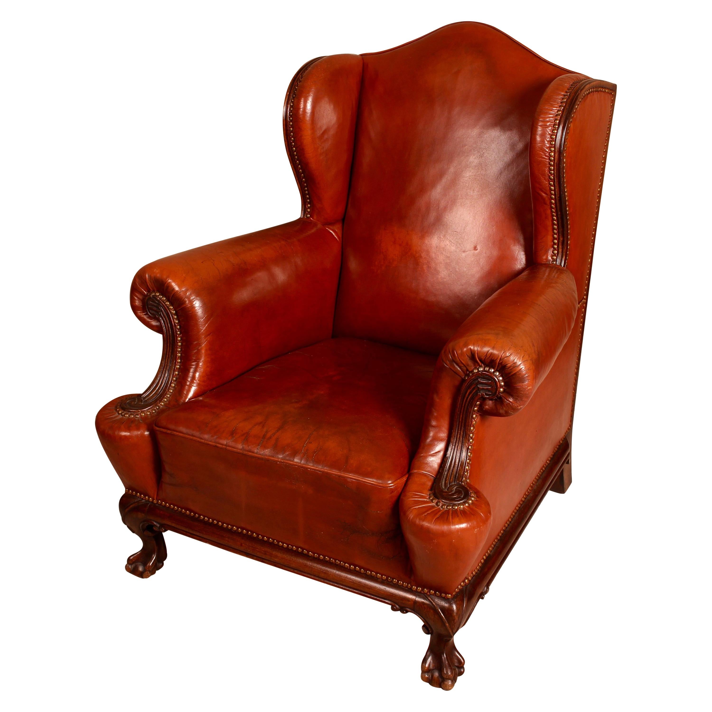 Late 19th Century Mahogany Brown Leather Wingback Armchair, English circa 1890