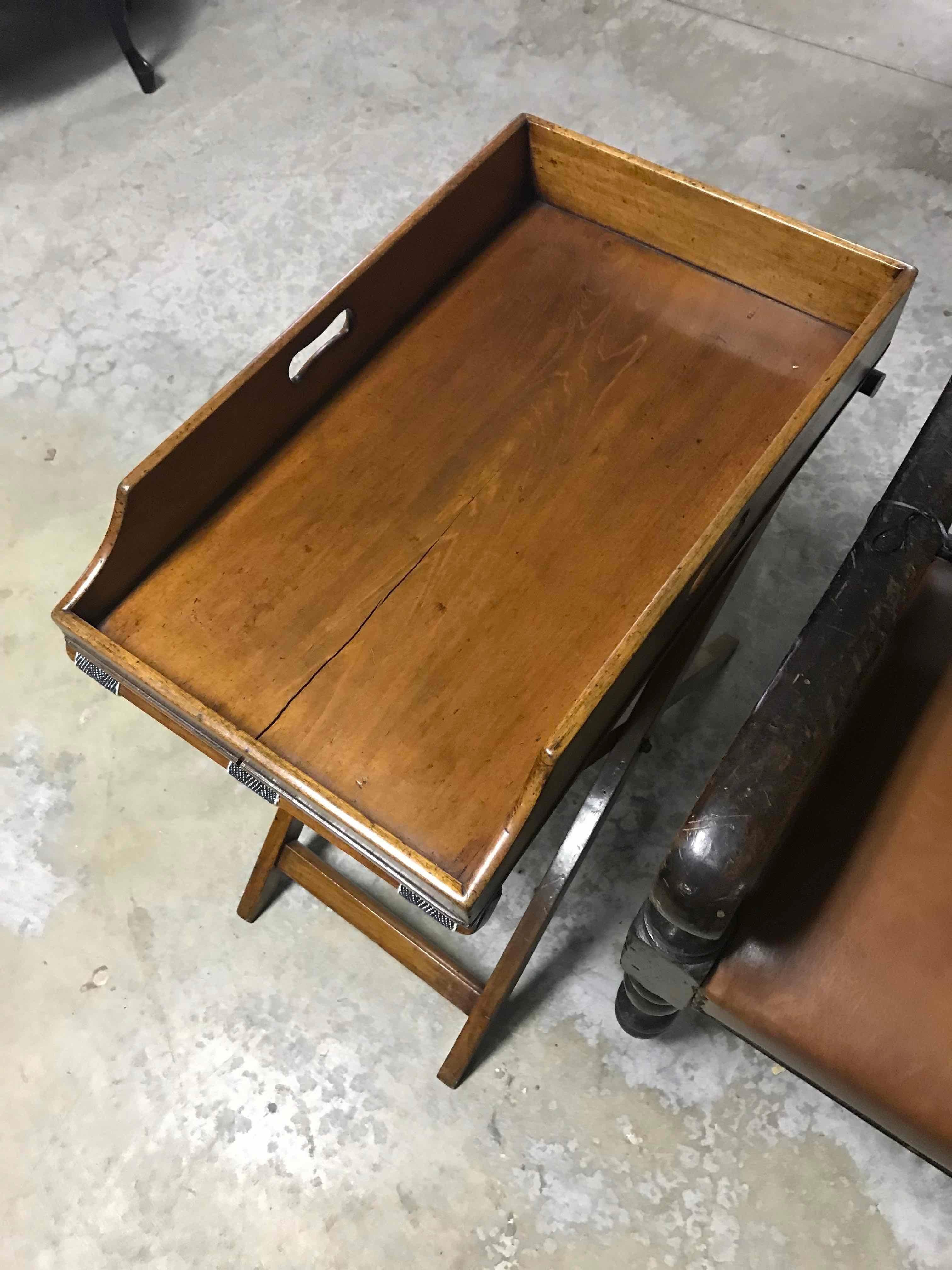 Late 19th century mahogany French butler's tray on folding stretcher. 