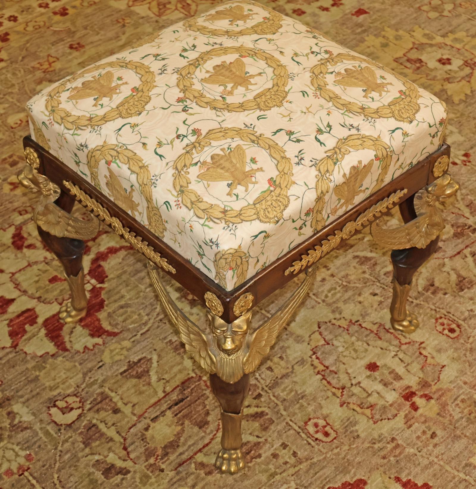 Late 19th Century Mahogany French Empire Style Spinx Bronze Mounted Stool Bench In Good Condition For Sale In Long Branch, NJ