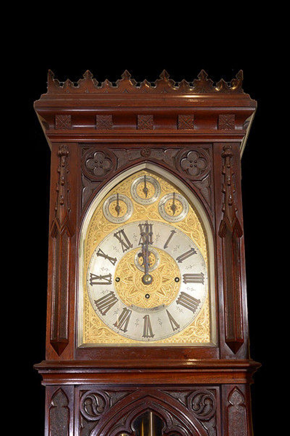 English Late 19th Century Mahogany Gothic Revival Longcase Clock