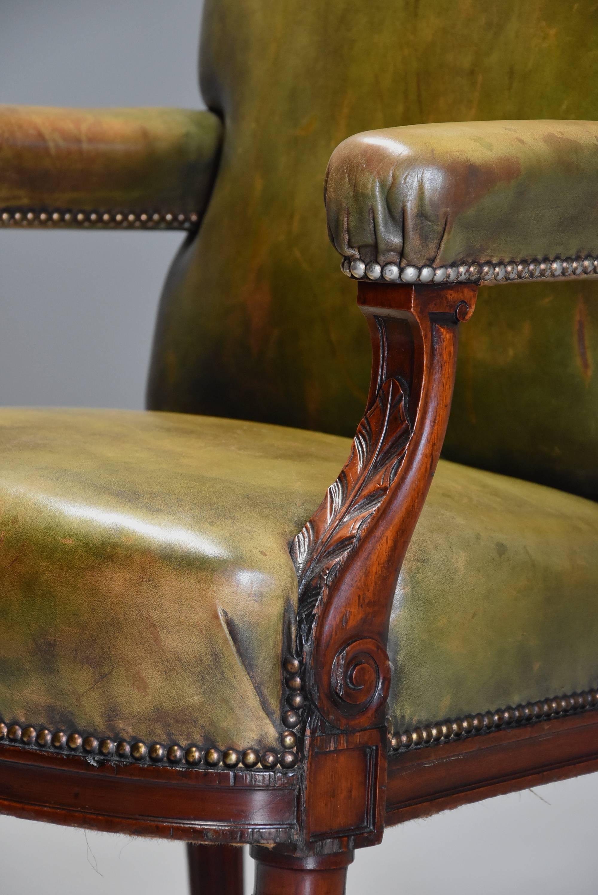 English Late 19th Century Mahogany Green Leather Open Armchair