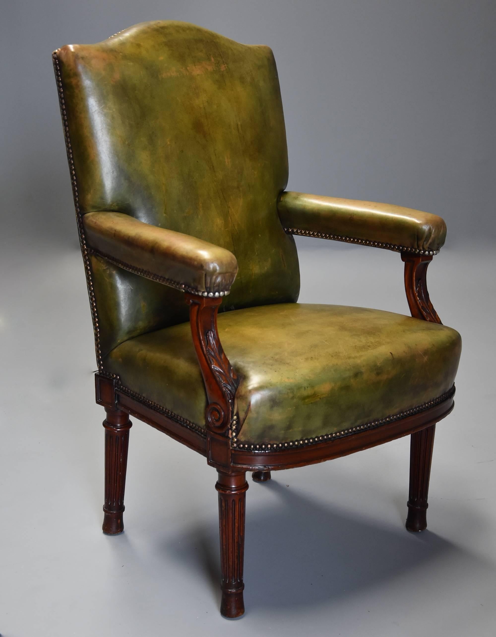Late 19th Century Mahogany Green Leather Open Armchair 1