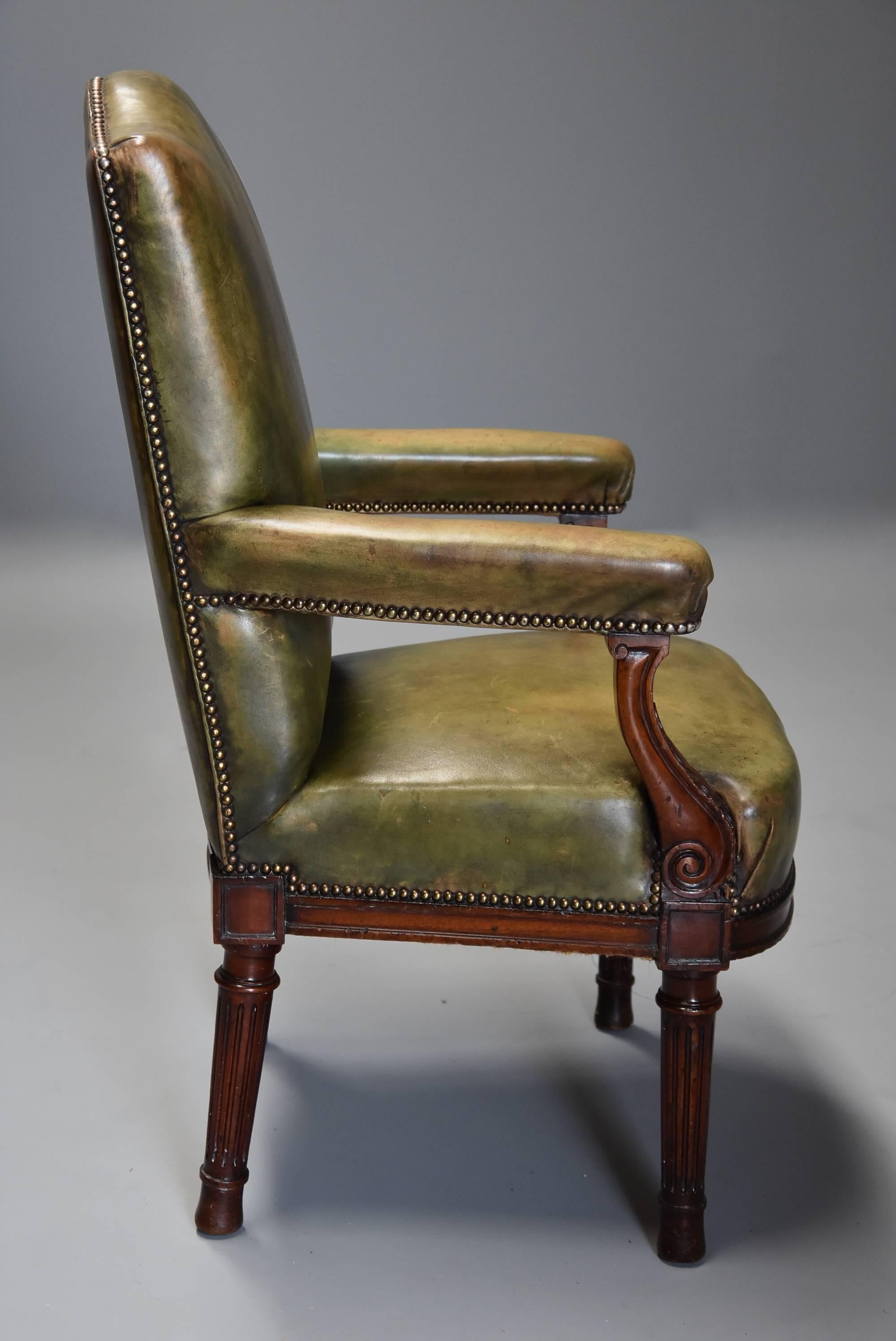 Late 19th Century Mahogany Green Leather Open Armchair 2