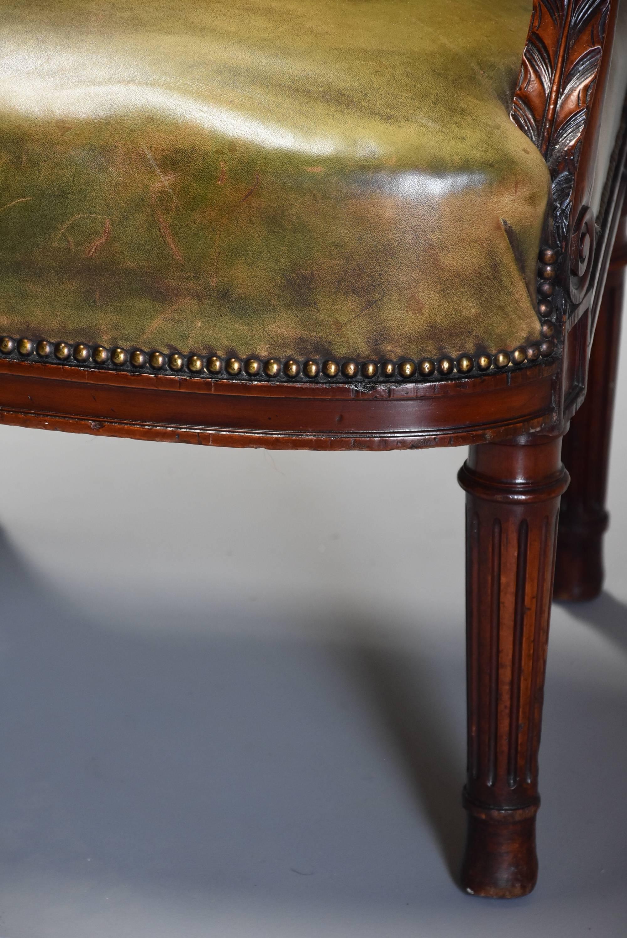 Late 19th Century Mahogany Green Leather Open Armchair 3