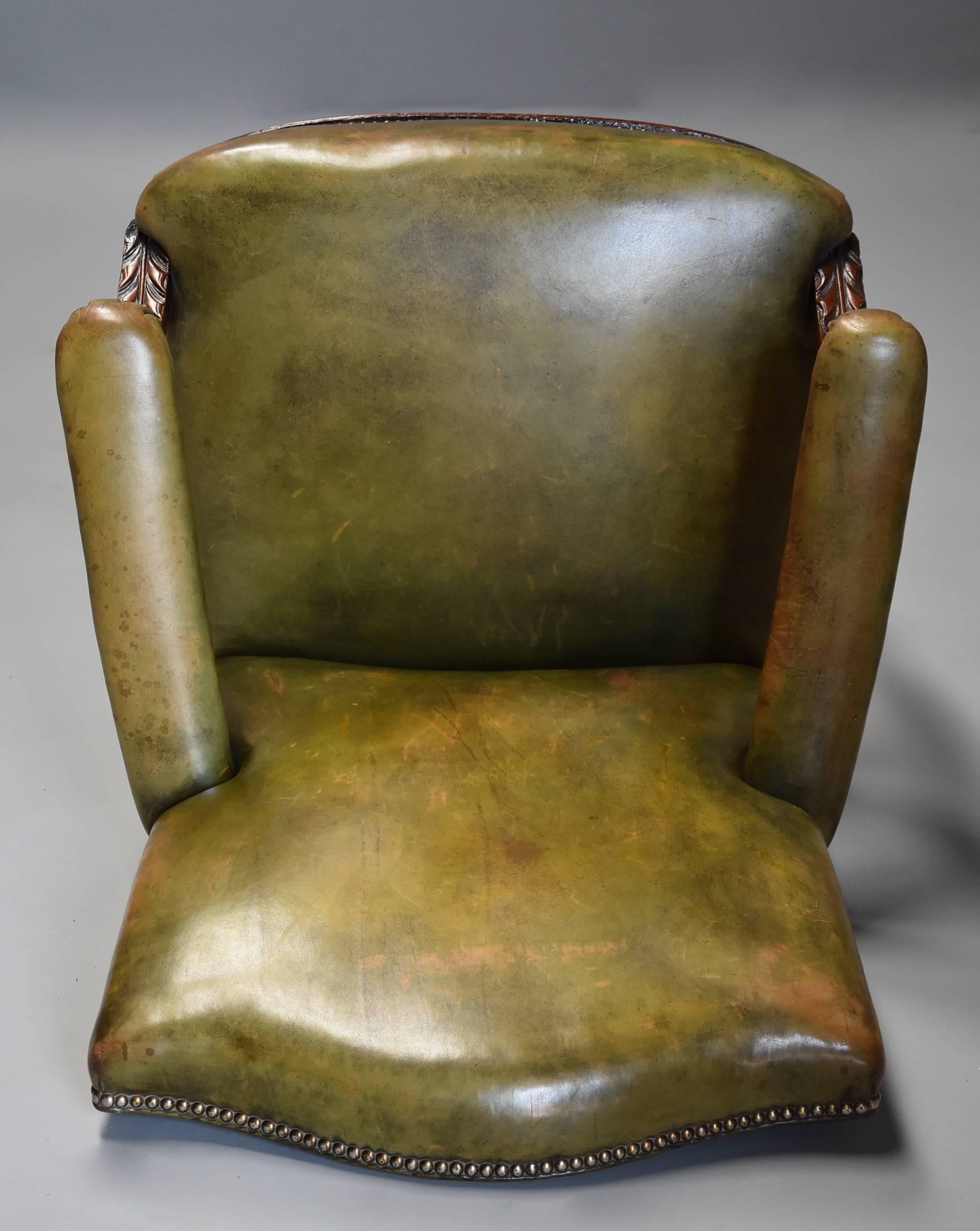 Late 19th Century Mahogany Green Leather Open Armchair 4