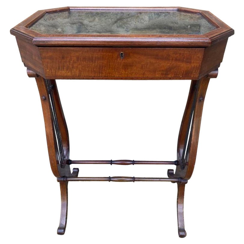 Late 19th Century Mahogany Vitrine Glass Top Display Case with Harp Shaped Legs