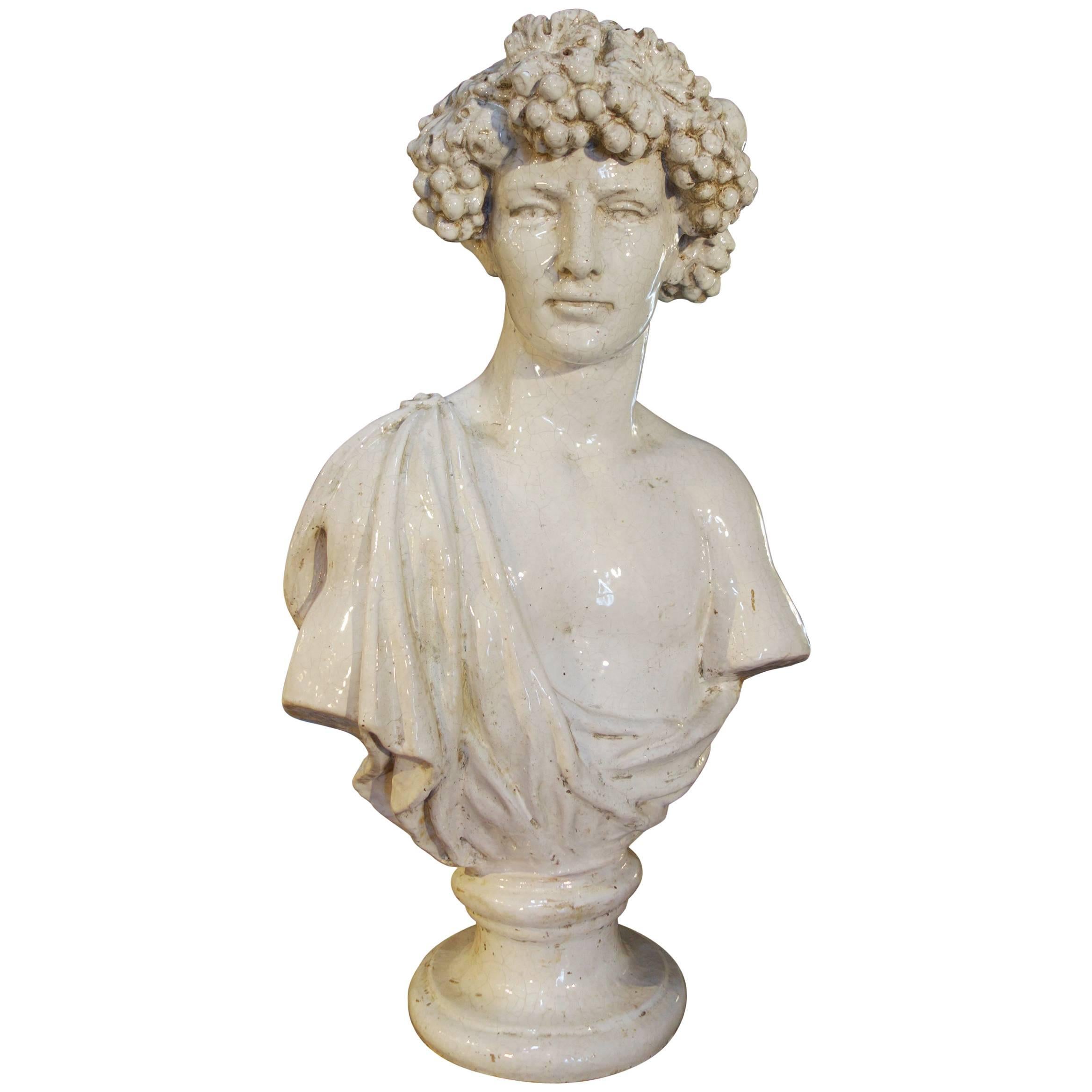 Late 19th Century Majolica Bust Sculpture of Bacchus God of Wine