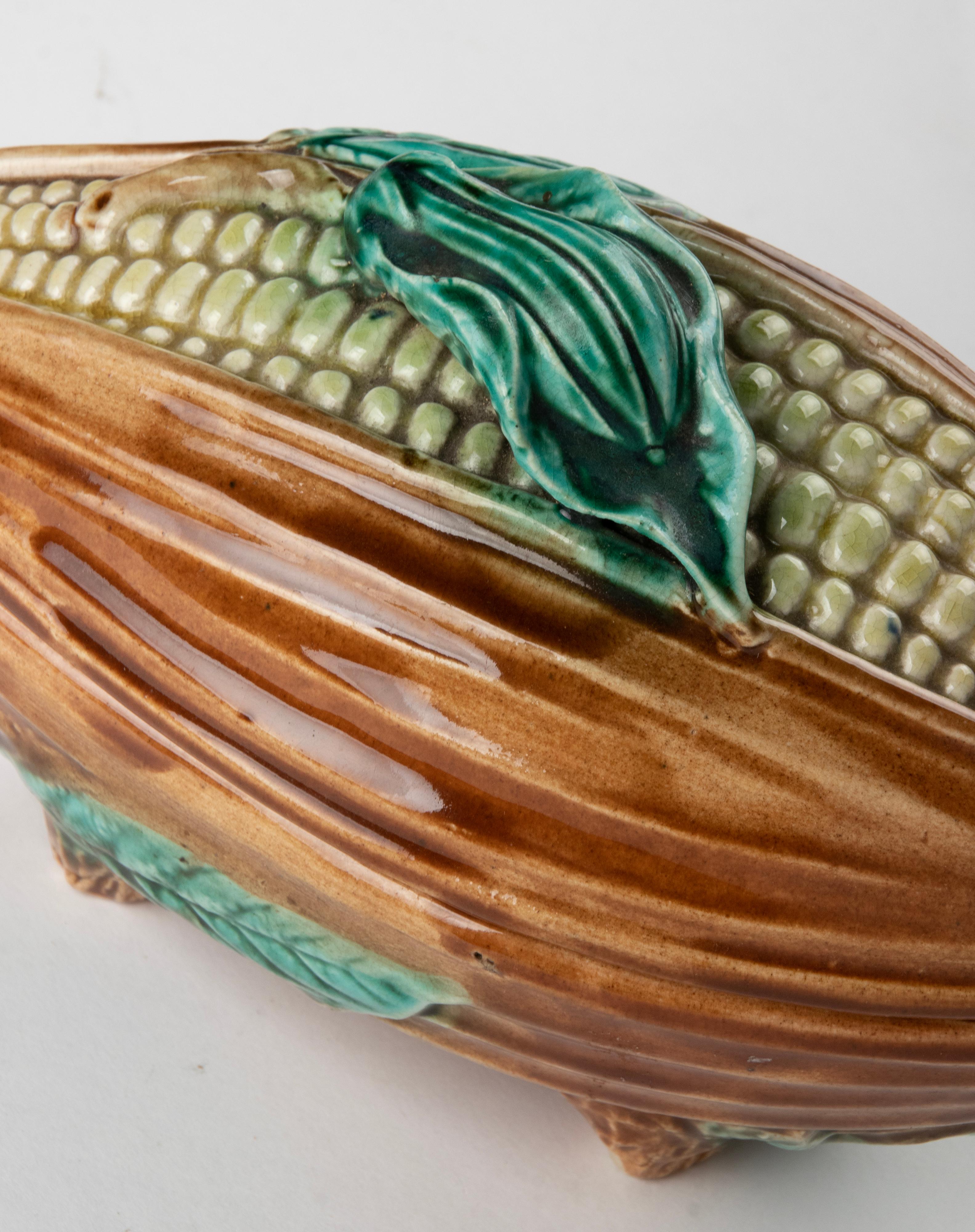French Late 19th Century Majolica Corn Shaped Lidded Bowl For Sale