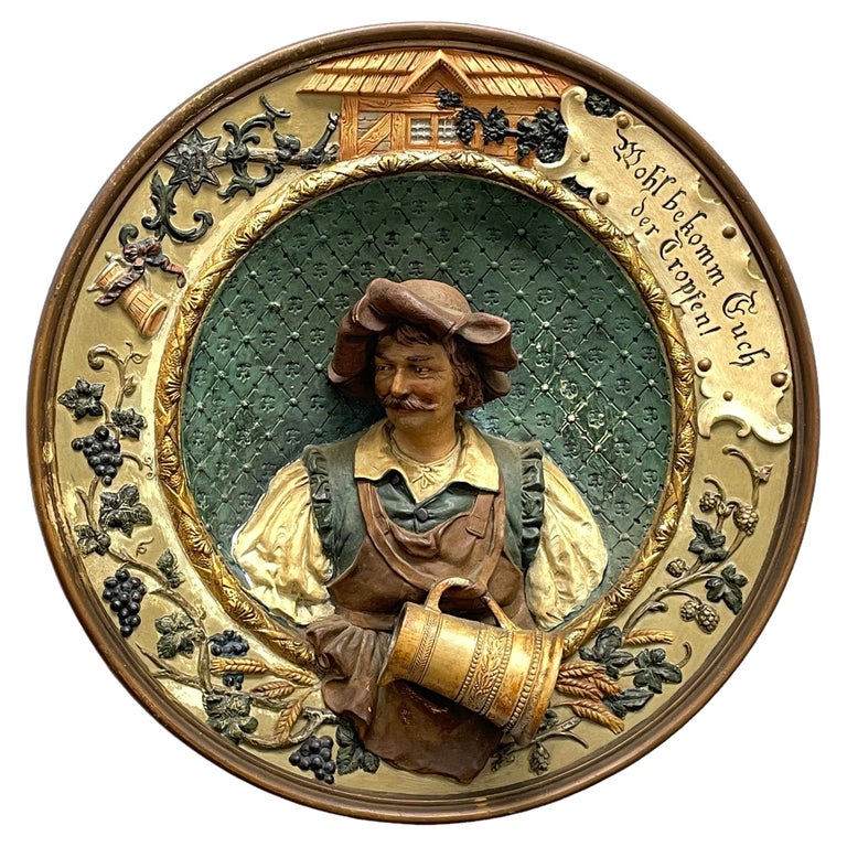 Late 19th Century Majolica Plate with Publican Portrait, by J. Maresch Austria For Sale