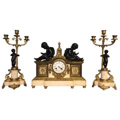Late 19th Century Marble, Bronze and Ormolu French Clock Garniture