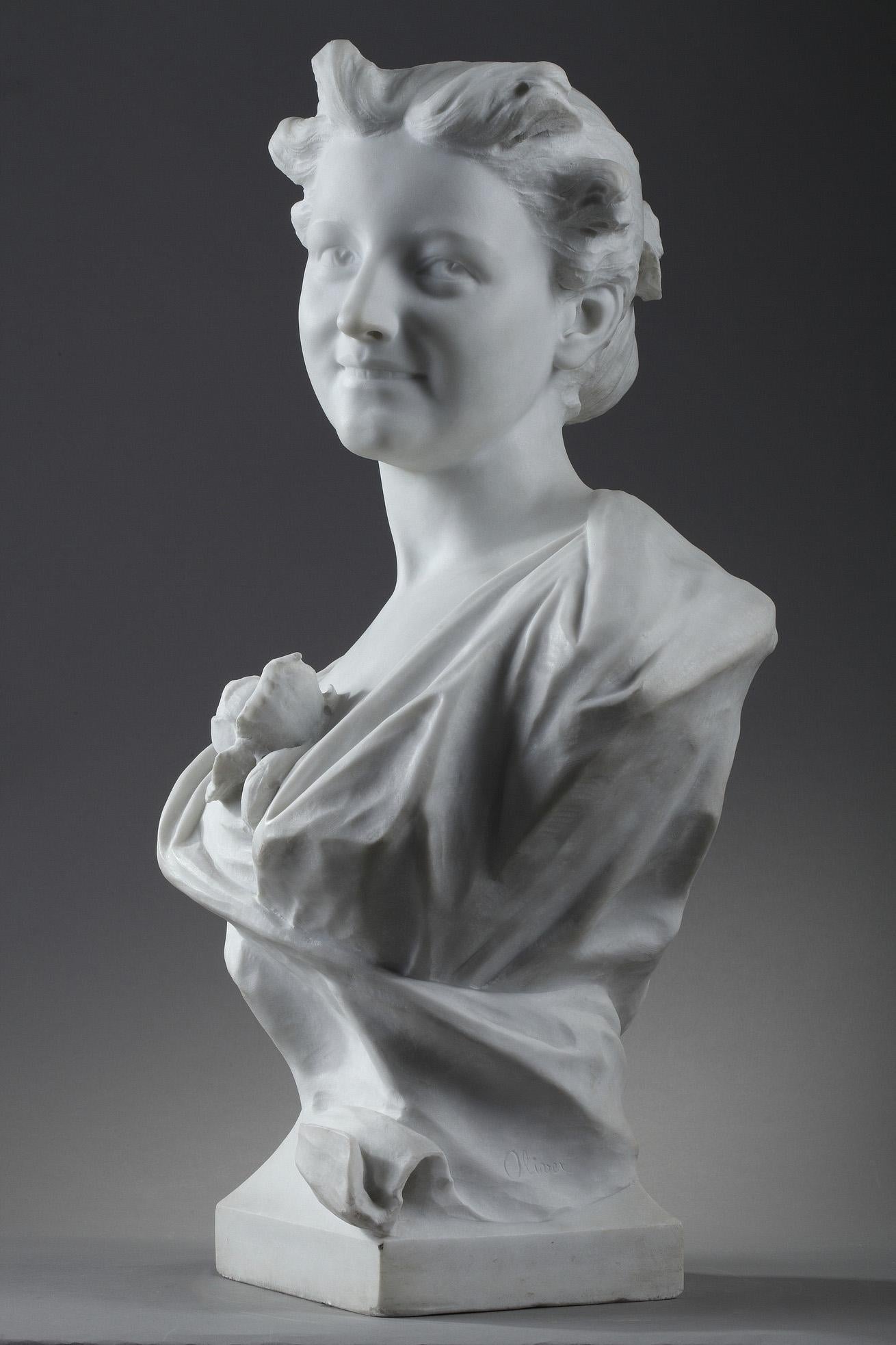 French Late 19th Century Marble Sculpture Bust of a Lady Signed Oliver