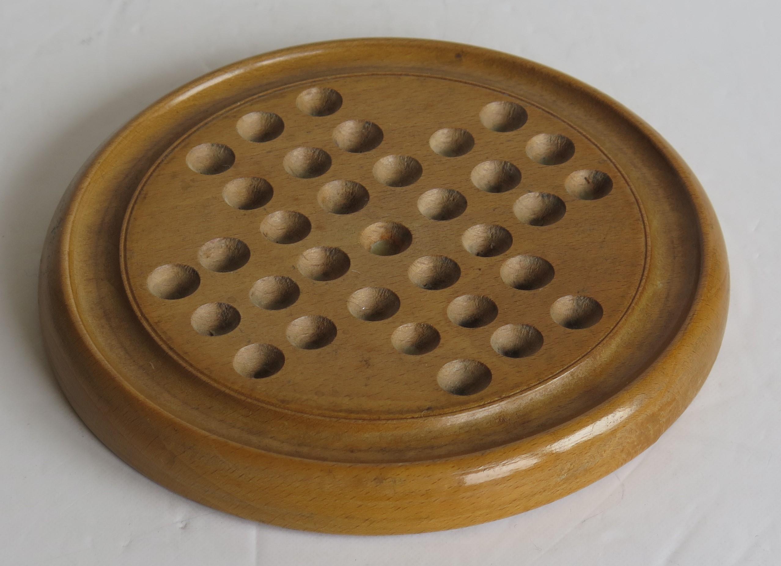 English Late 19th Century Marble Solitaire Board Game with 33 Handmade Marbles, Ca 1900