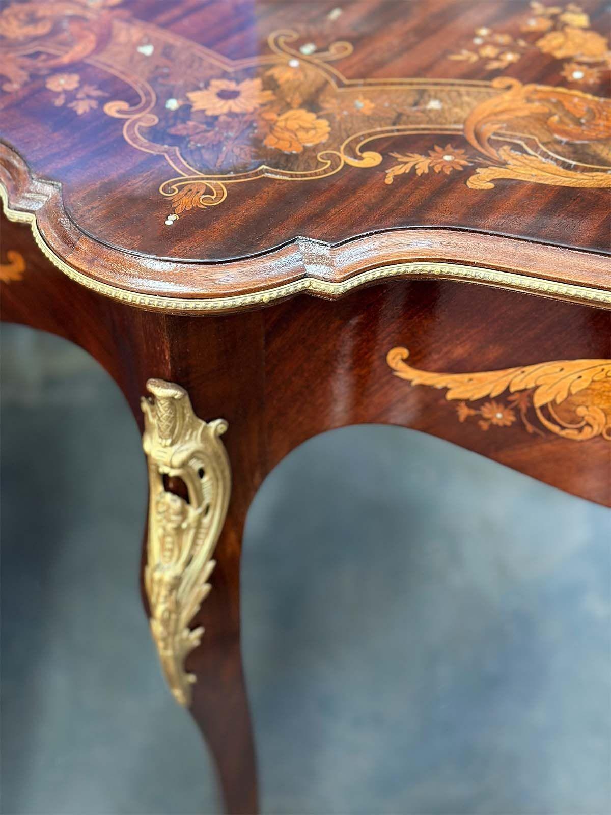 French Late 19th Century Marquetry Side Table with Bronze & Mother of Pearl Details For Sale
