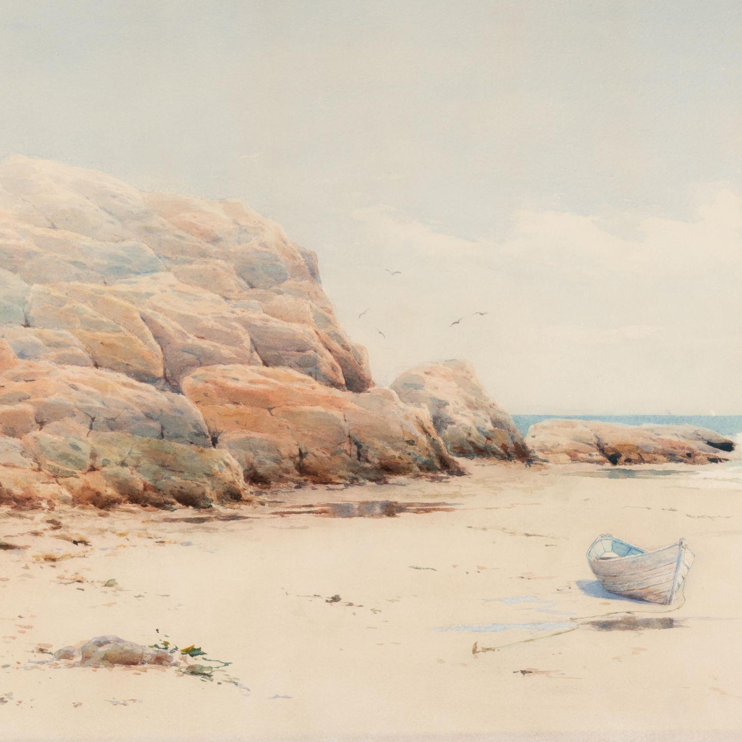 Un paysage de rivage accompli à l'aquarelle sur papier vergé. L'œuvre est présentée flottante, montée sur un passe-partout d'archivage dans une moulure peinte sous un verre filtrant les UV.
Américain, North Shore Massachusetts, vers 1880.