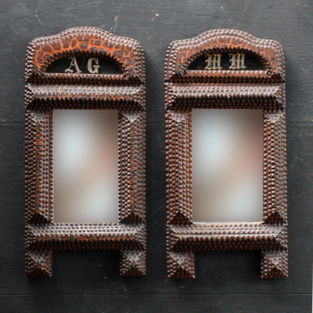 Early Victorian Late 19th Century matched pair of tramp art mirrors  For Sale