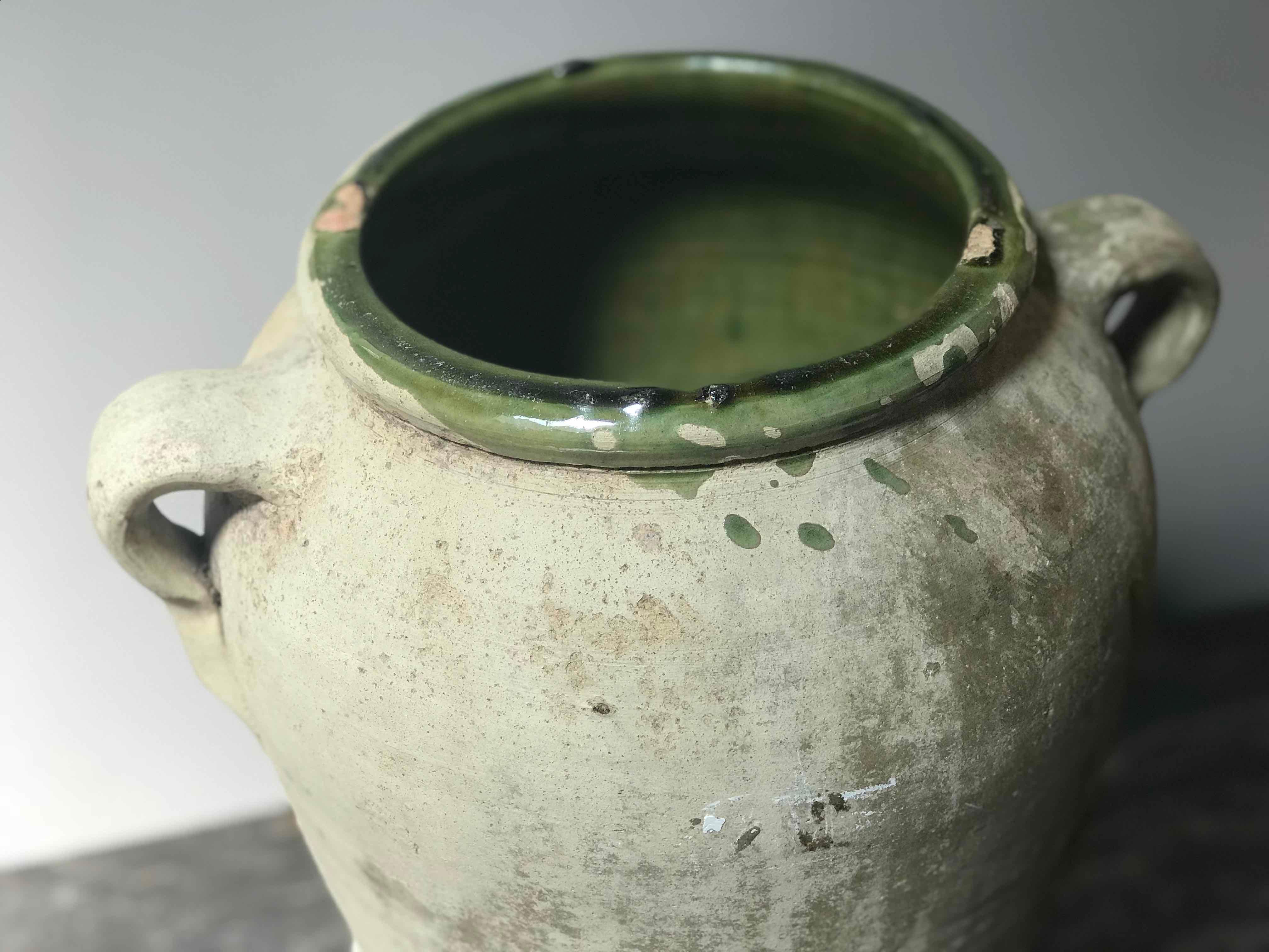 French Late 19th Century Matte Textured Green Olive Oil Jar from France