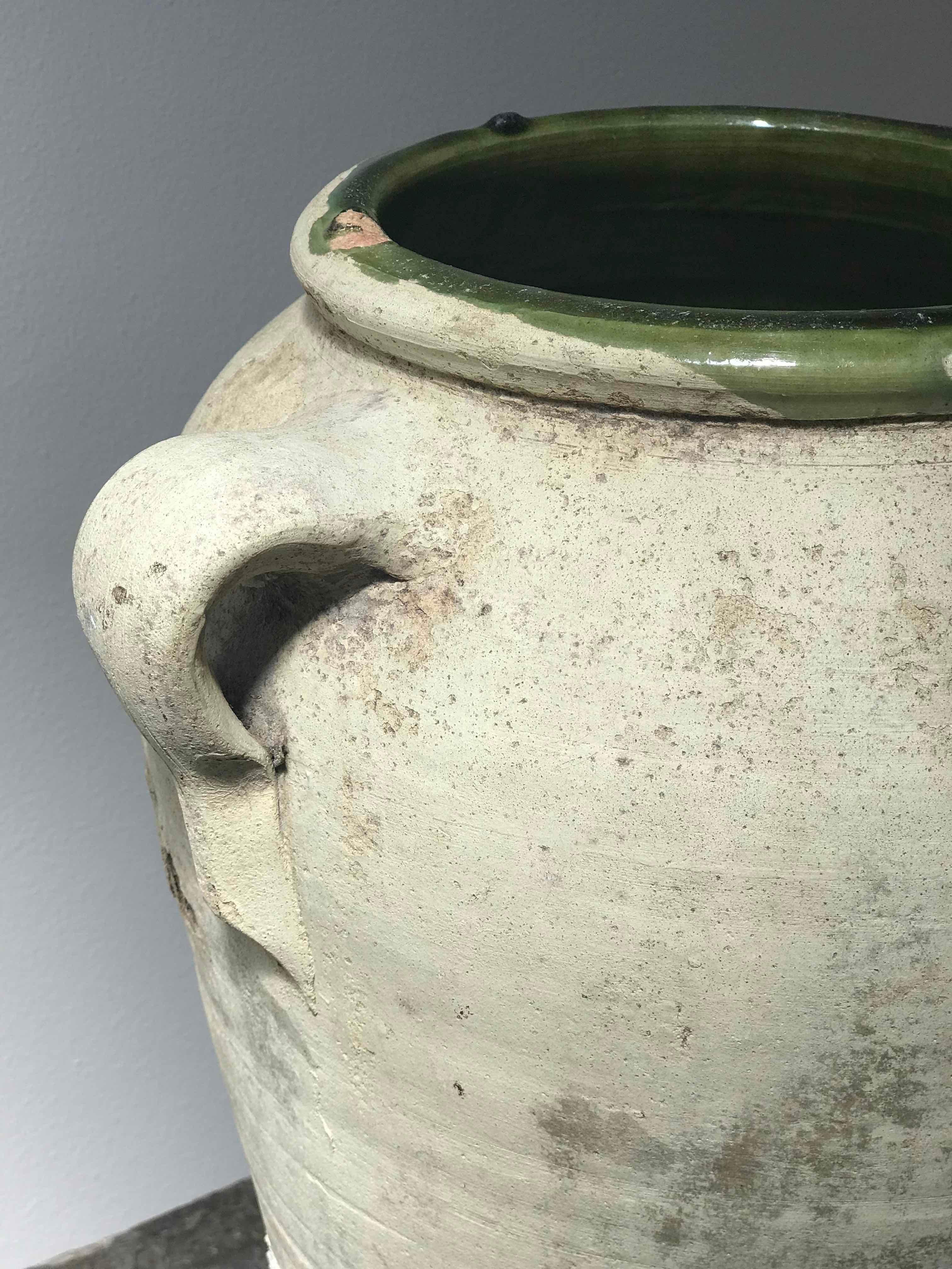 Late 19th Century Matte Textured Green Olive Oil Jar from France In Good Condition In Los Angeles, CA