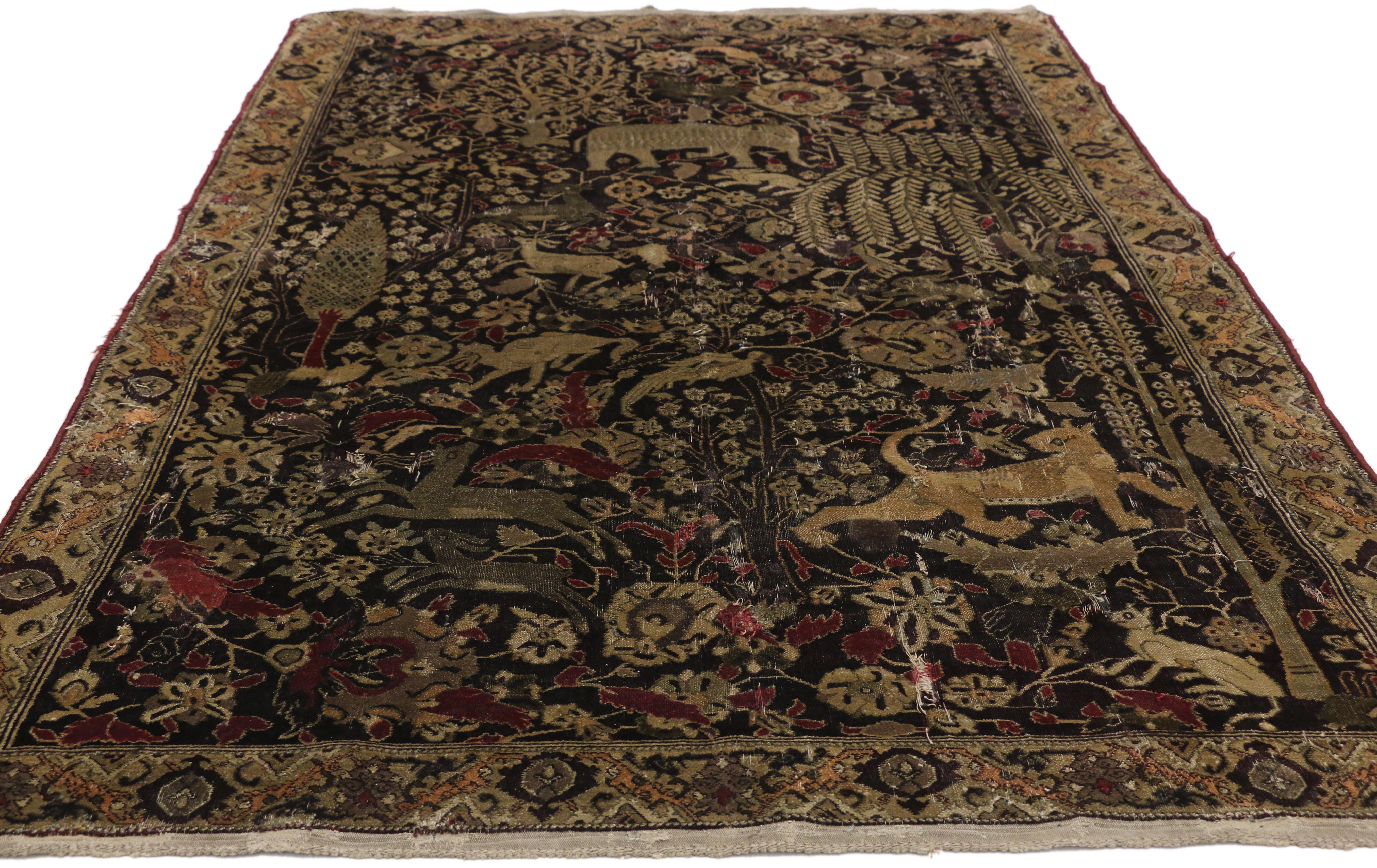 Hand-Knotted Late 19th Century Medieval Distressed Antique Indian Agra Rug with Hunting Scene