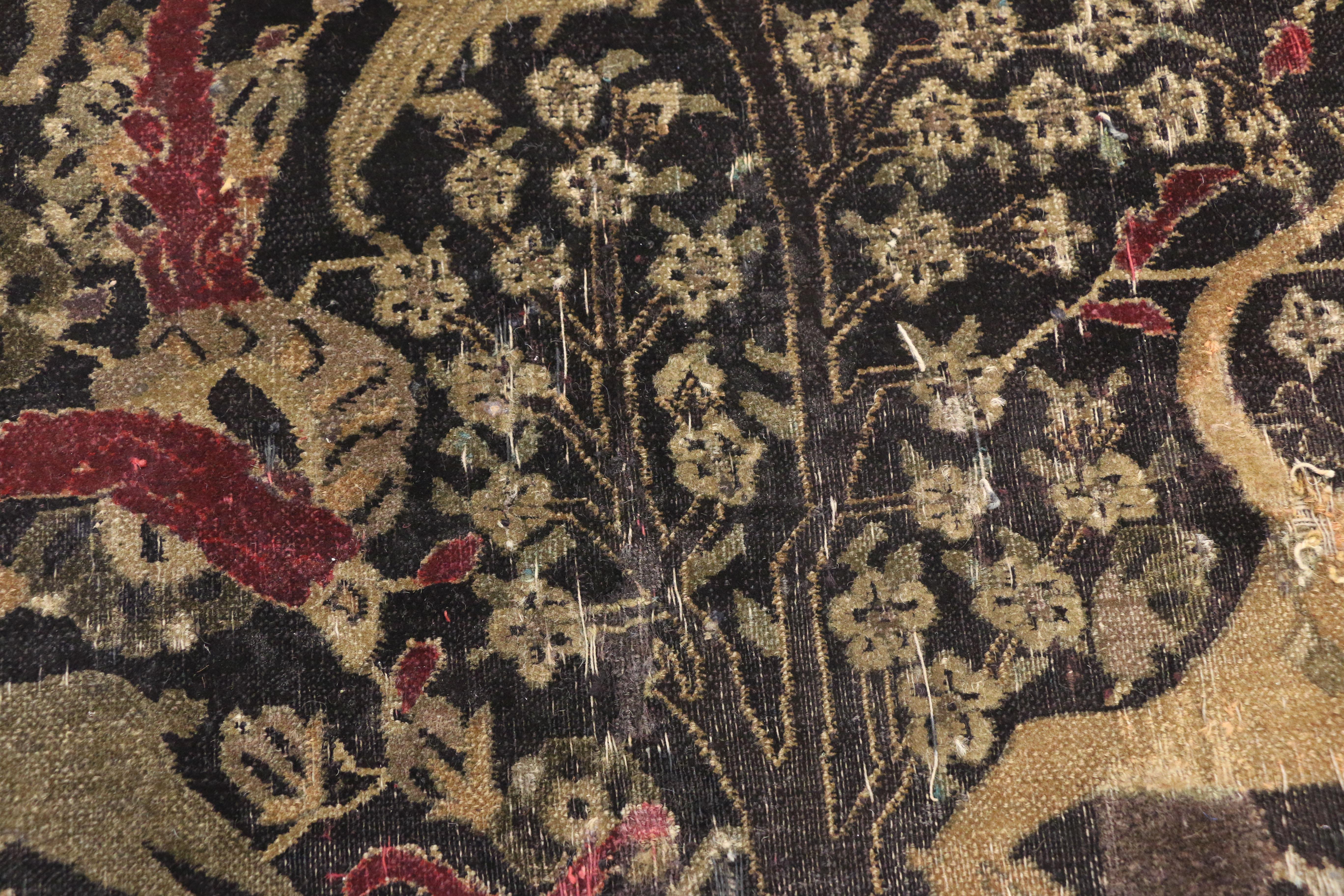 Late 19th Century Medieval Distressed Antique Indian Agra Rug with Hunting Scene In Distressed Condition In Dallas, TX